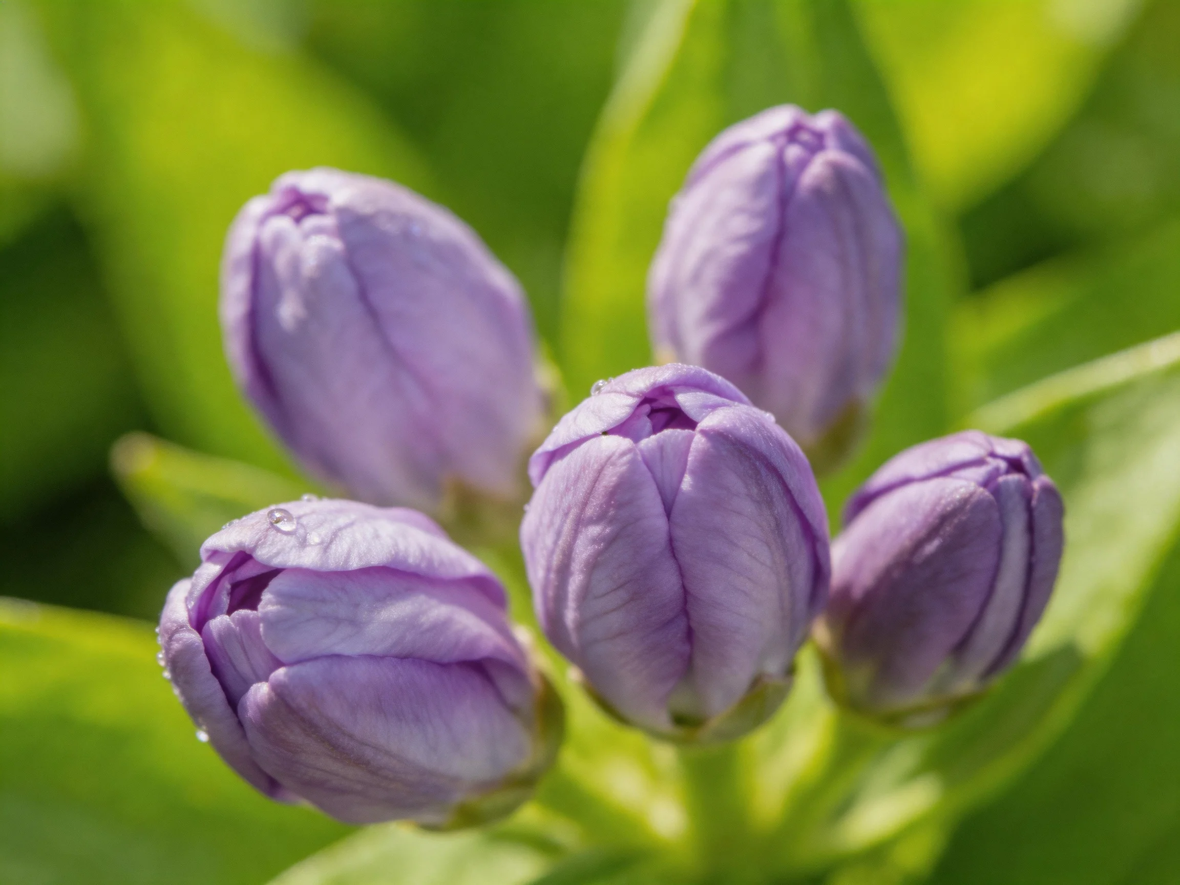 Five lavender flower buds with dewdrops surrounded by lush green foliage