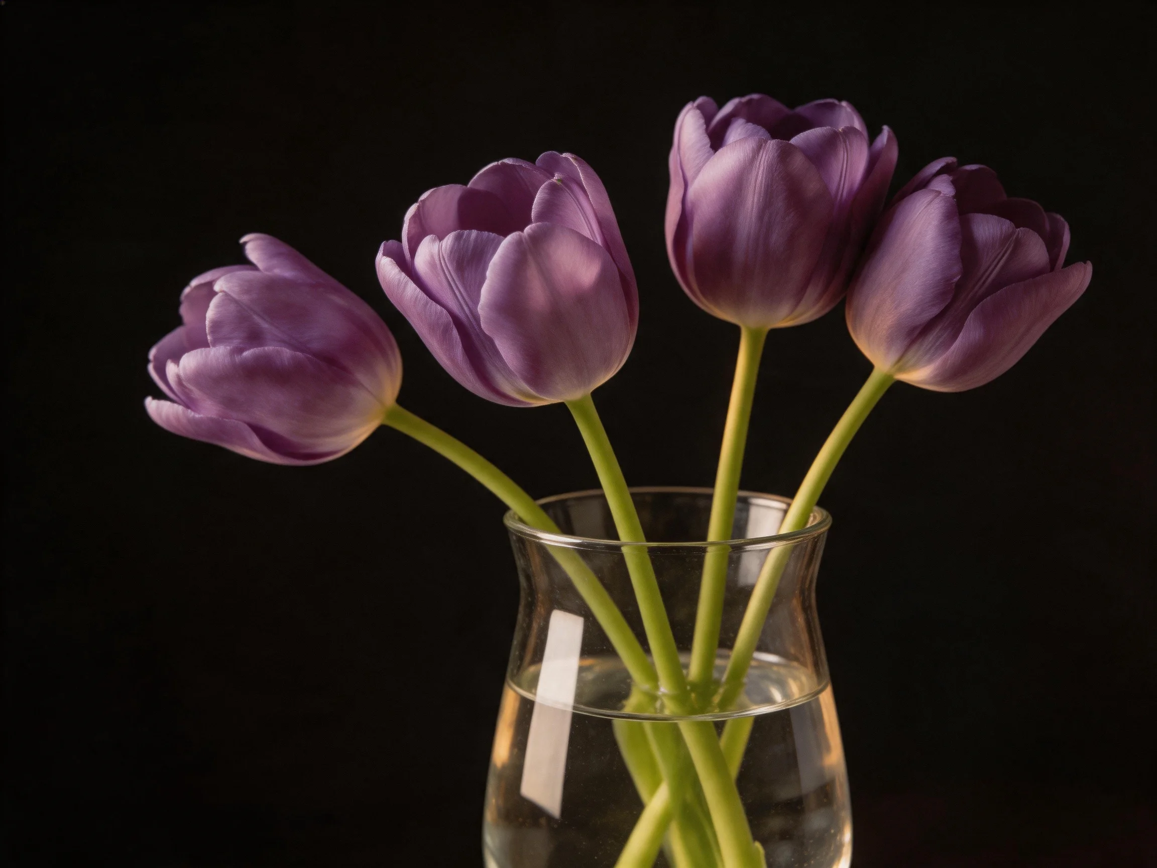 Five lavender tulips arranged in a clear glass vase with water