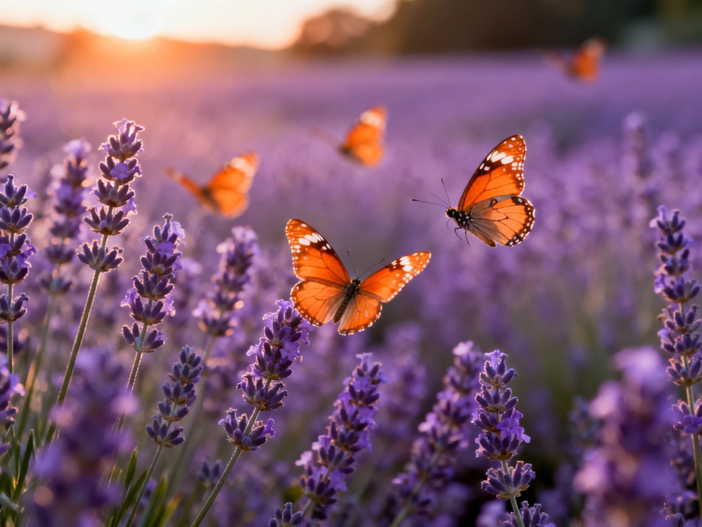 Five monarch - like butterflies fluttering over a vast lavender field at sunset