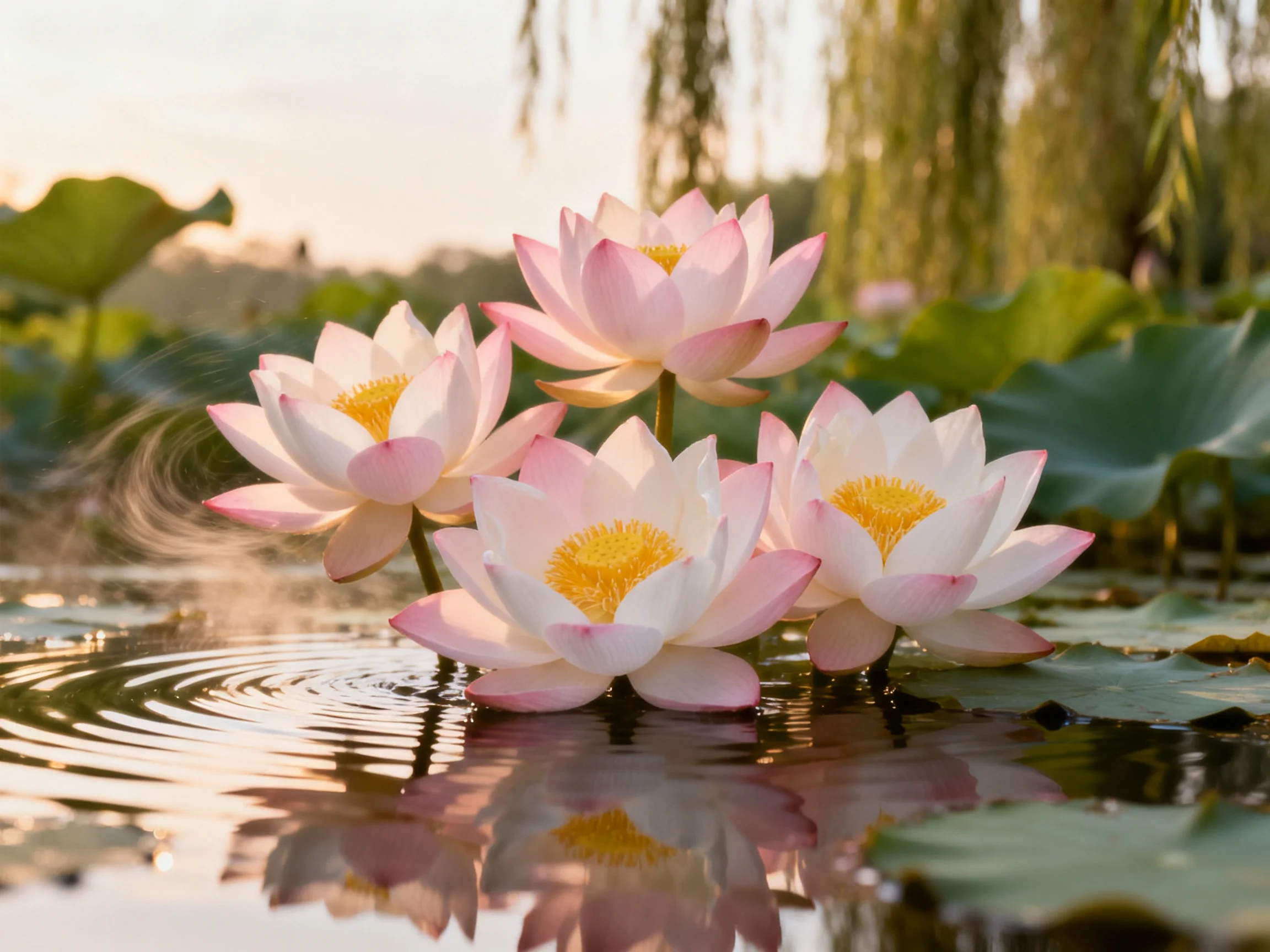 Five pink and white lotuses bloom in calm water with green lily pads