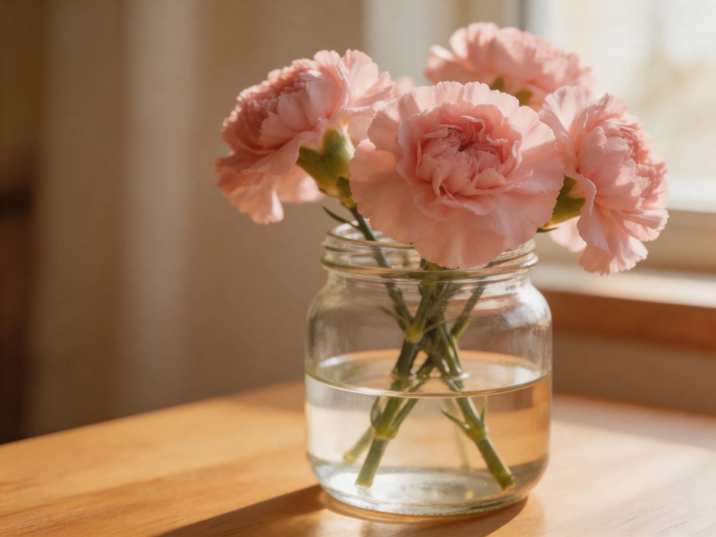 Five pink carnations arranged in a clear glass jar with water
