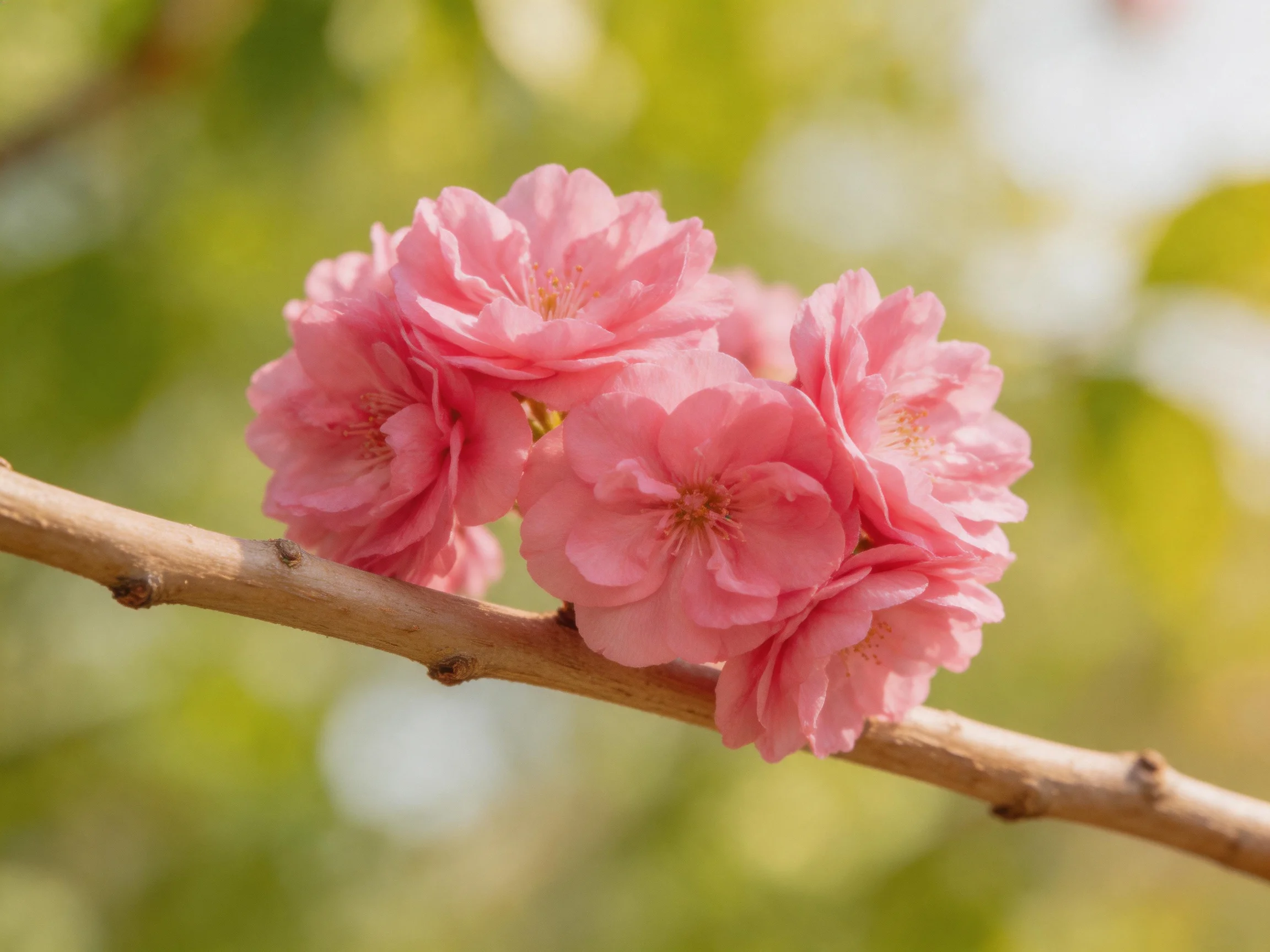 Five pink cherry blossom blooms on a slender brown branch