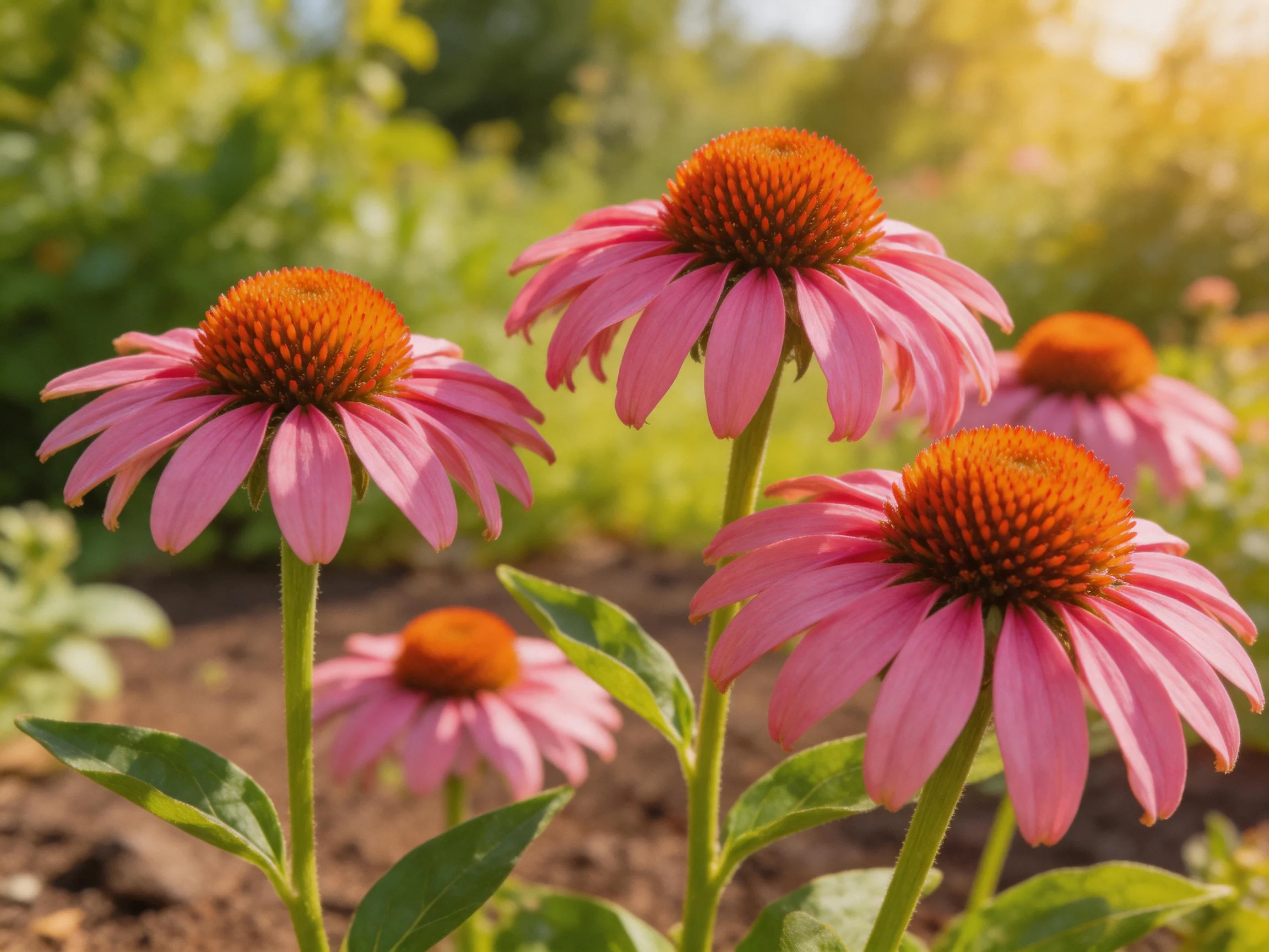 Five pink coneflowers bloom vibrantly in a sunlit garden