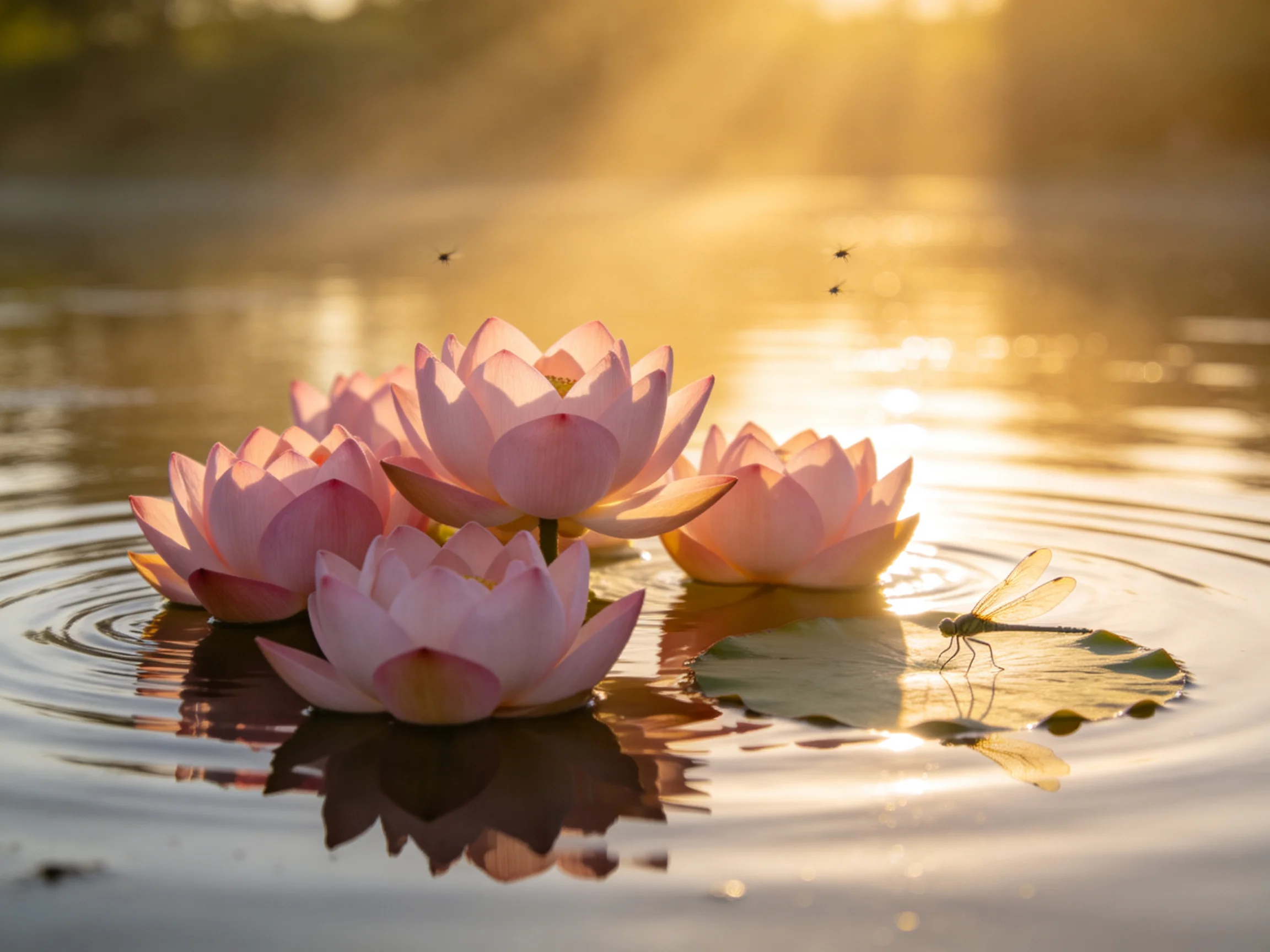 Five pink lotus flowers float on calm water near a dragonfly