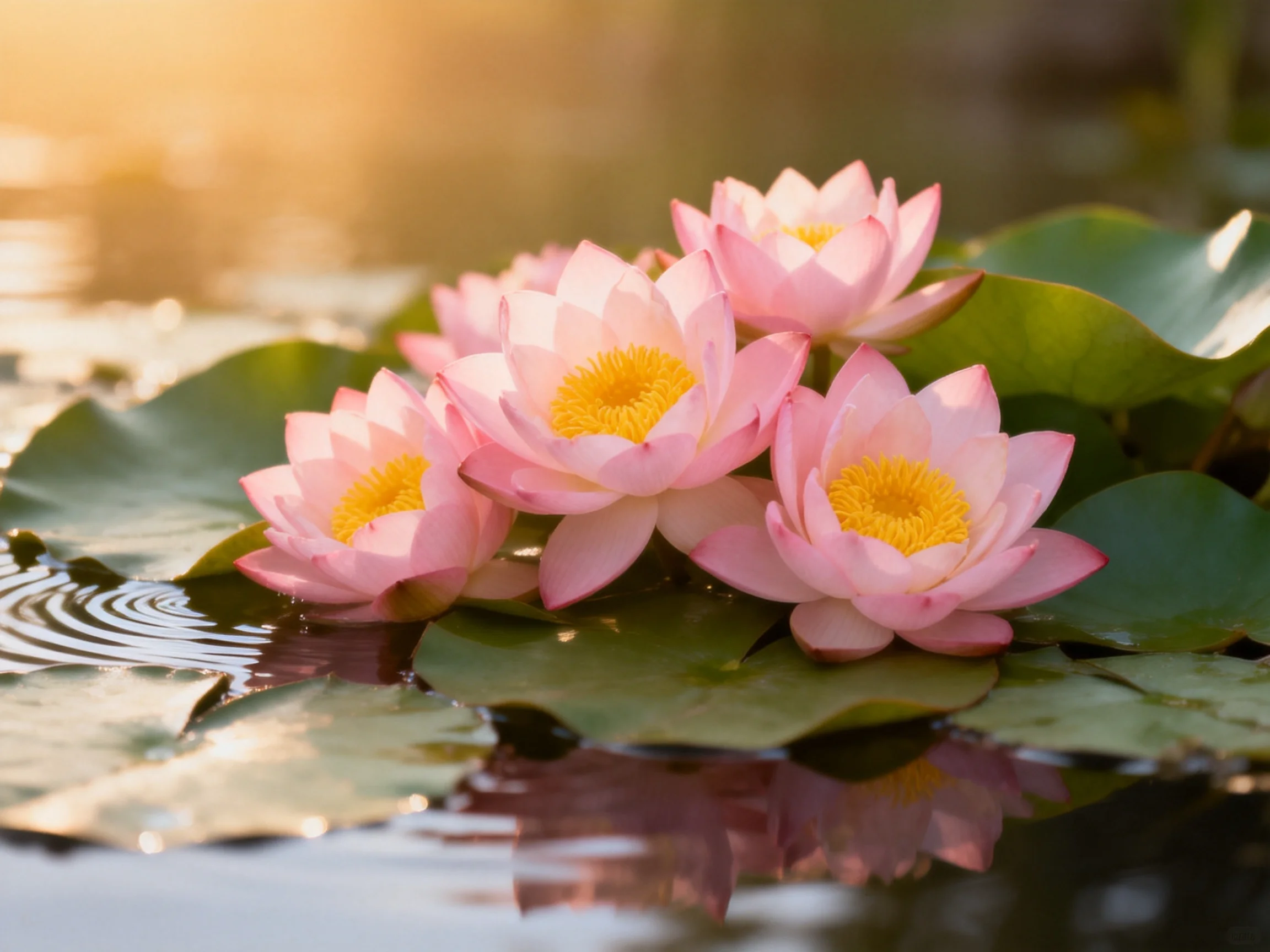 Five pink lotuses bloom among large green lily pads in calm water