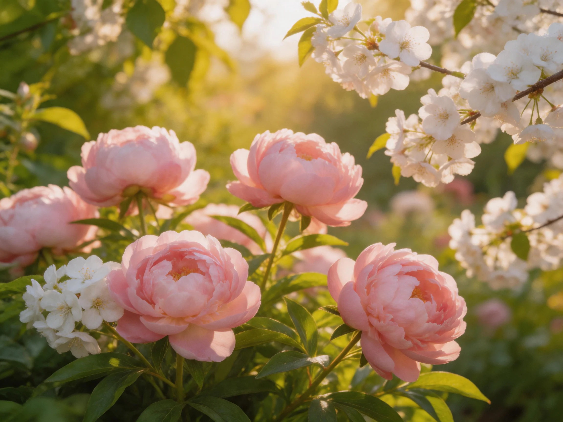 Five pink peonies bloom among white blossoms in a sunlit garden