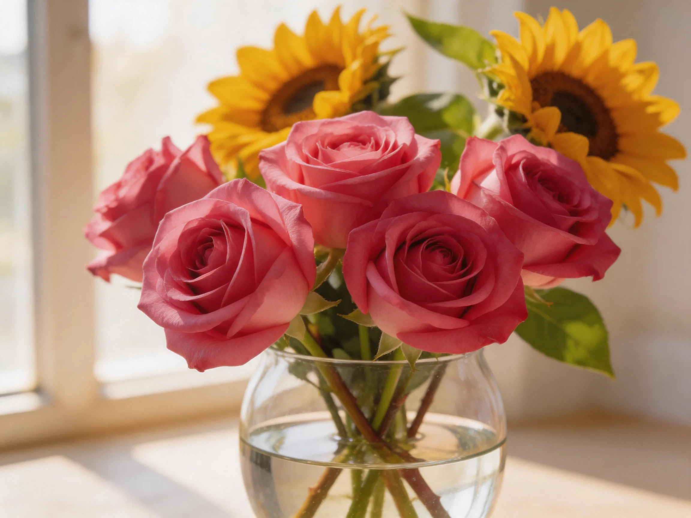 Five pink roses and two sunflowers in a glass vase by a window