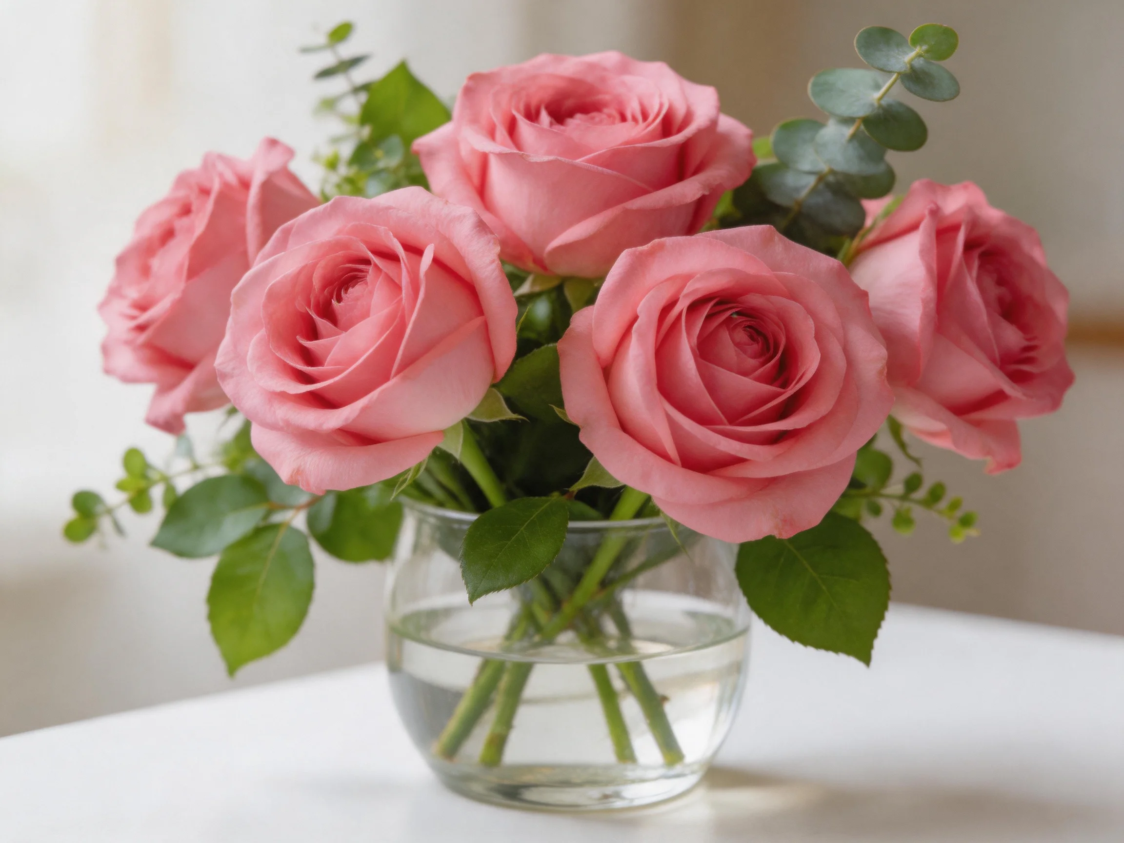 Five pink roses arranged in a clear glass vase with green foliage