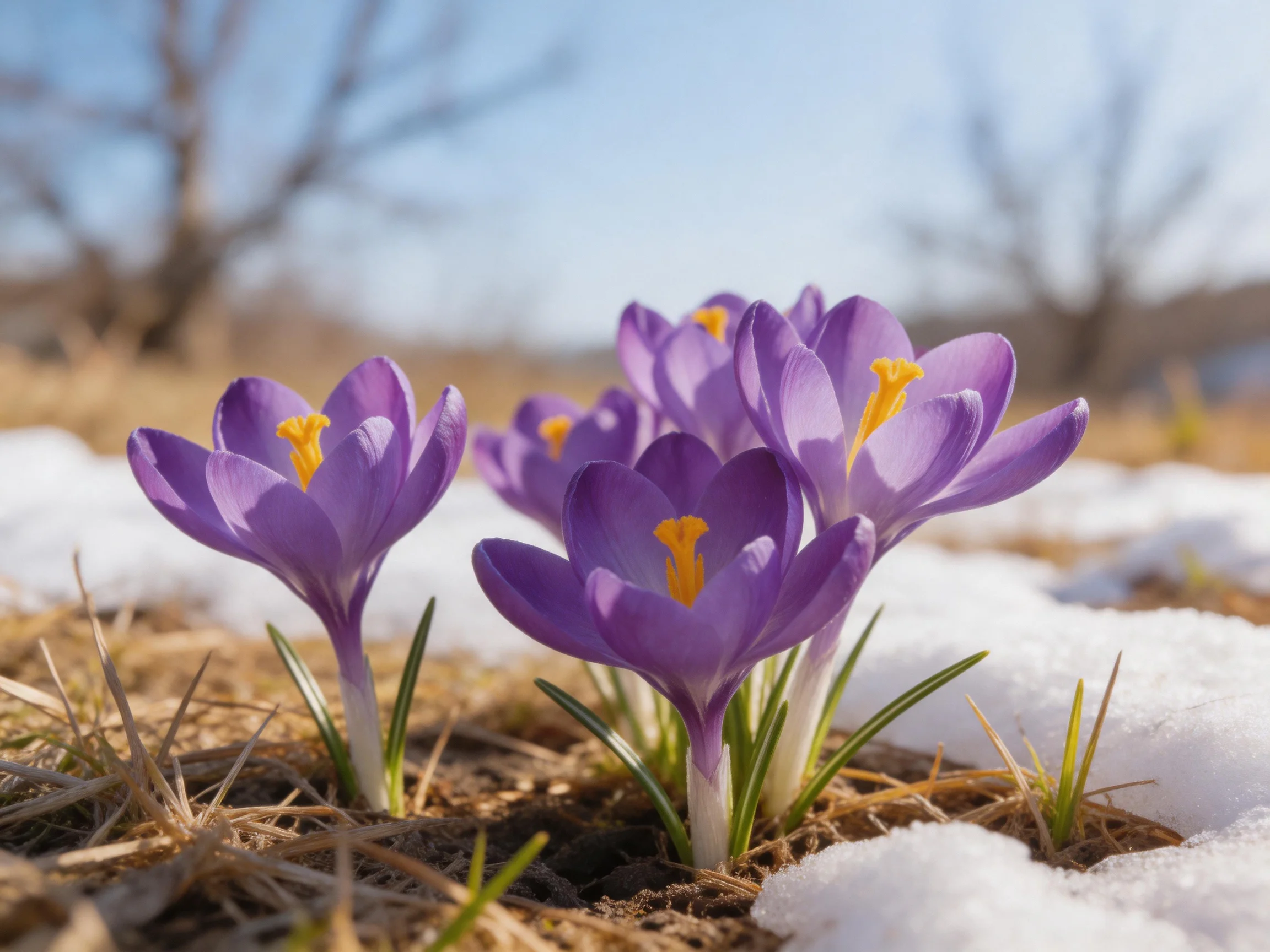 Five purple crocus blooms emerge from melting snow in a sunny landscape
