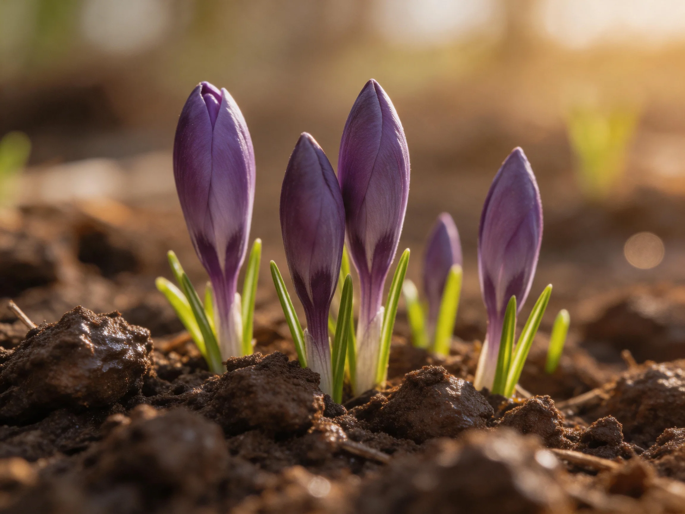 Five purple crocus buds emerging from dark, moist soil