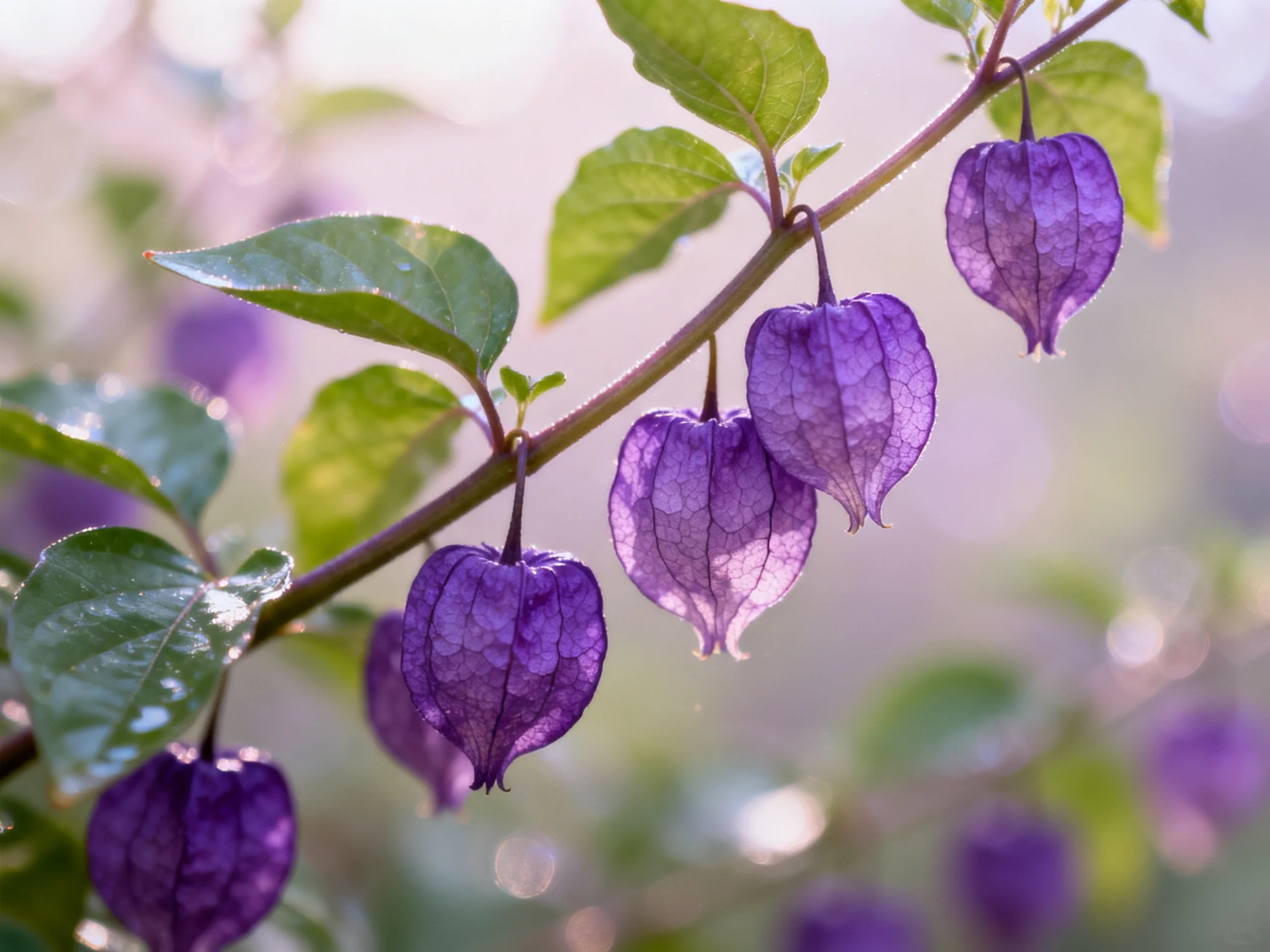 Five purple physalis flowers hang from a branch with green leaves