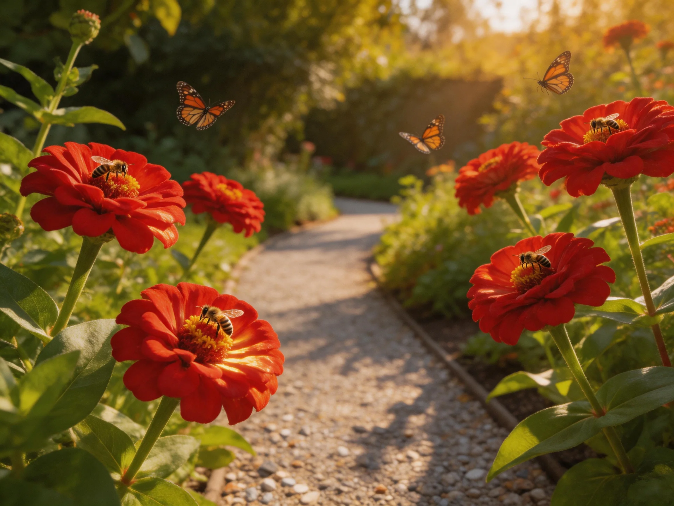 Five red zinnias bloom near a gravel path with bees and monarchs