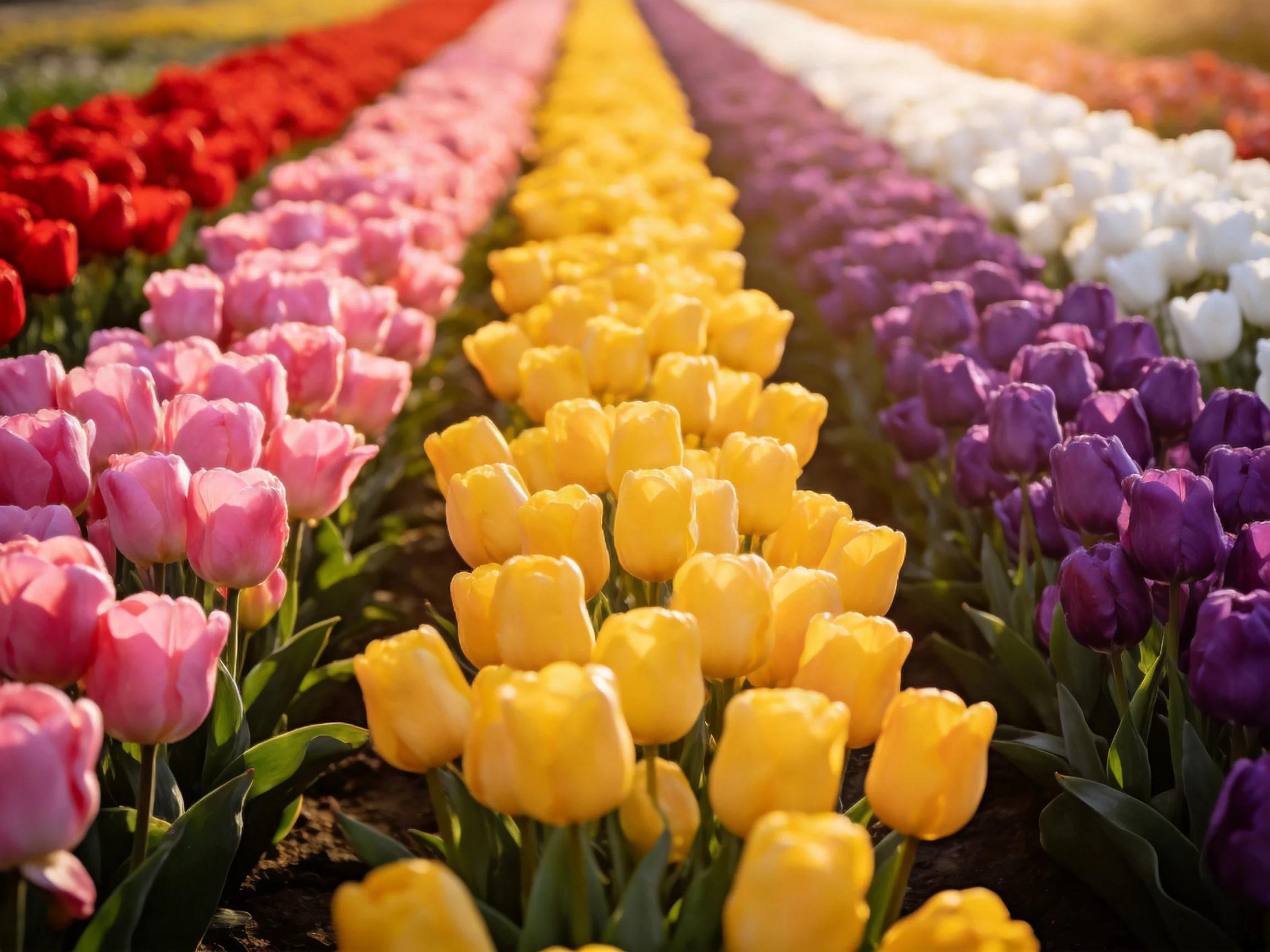 Five rows of vibrantly colored tulips blooming in a sunlit landscape