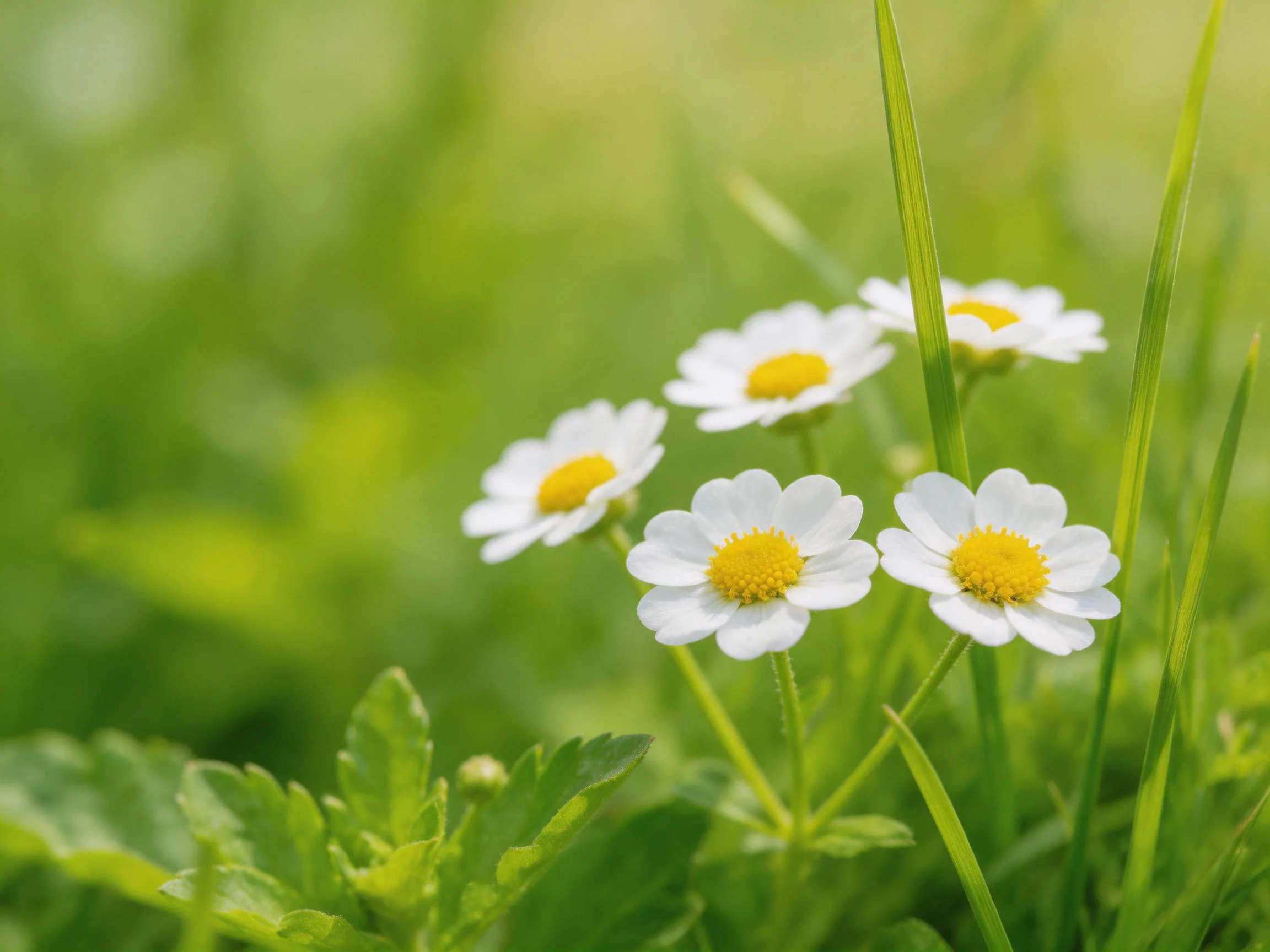 Five small white daisies bloom among lush green grass