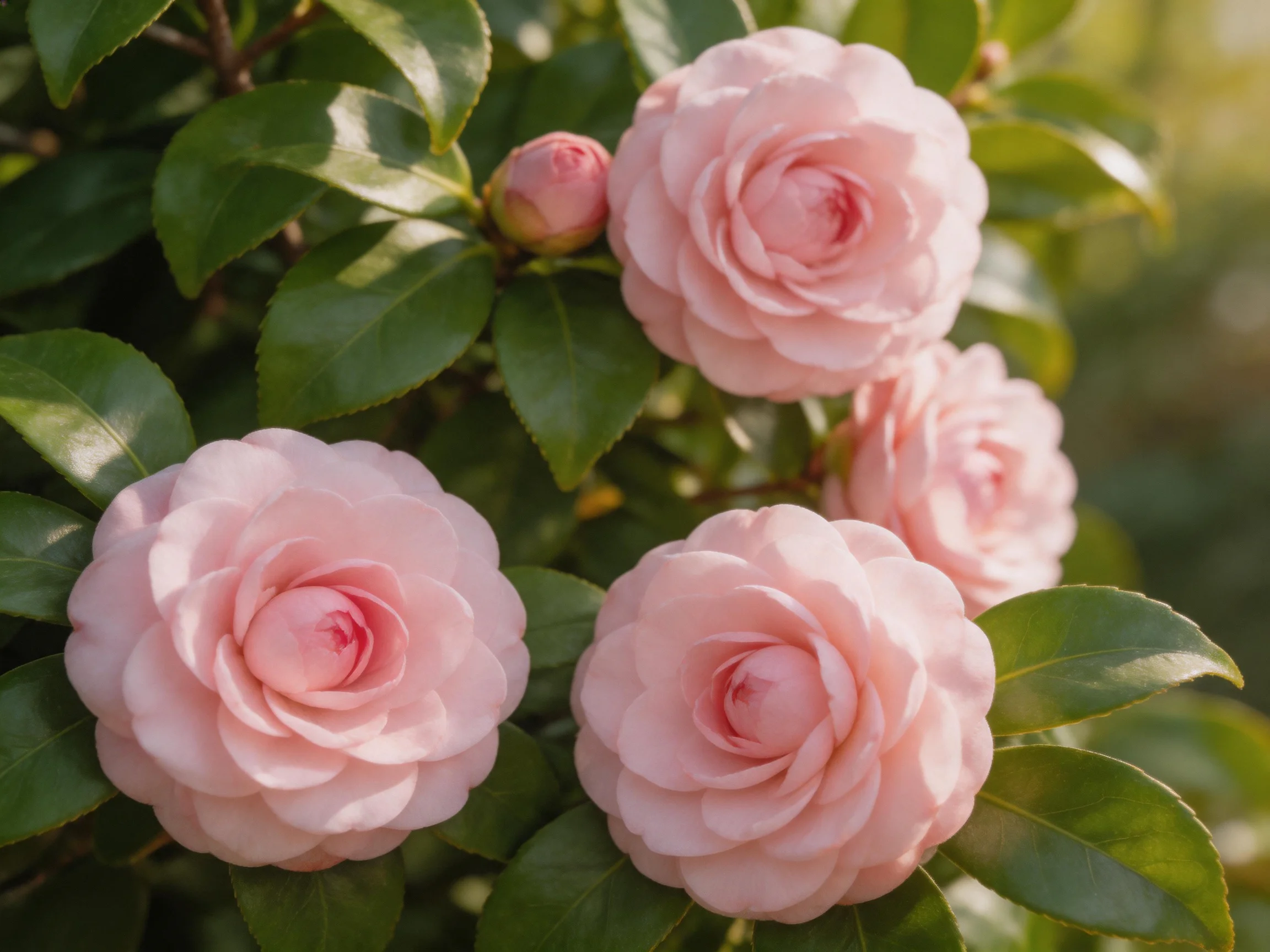 Five soft pink camellia blooms with glossy green leaves