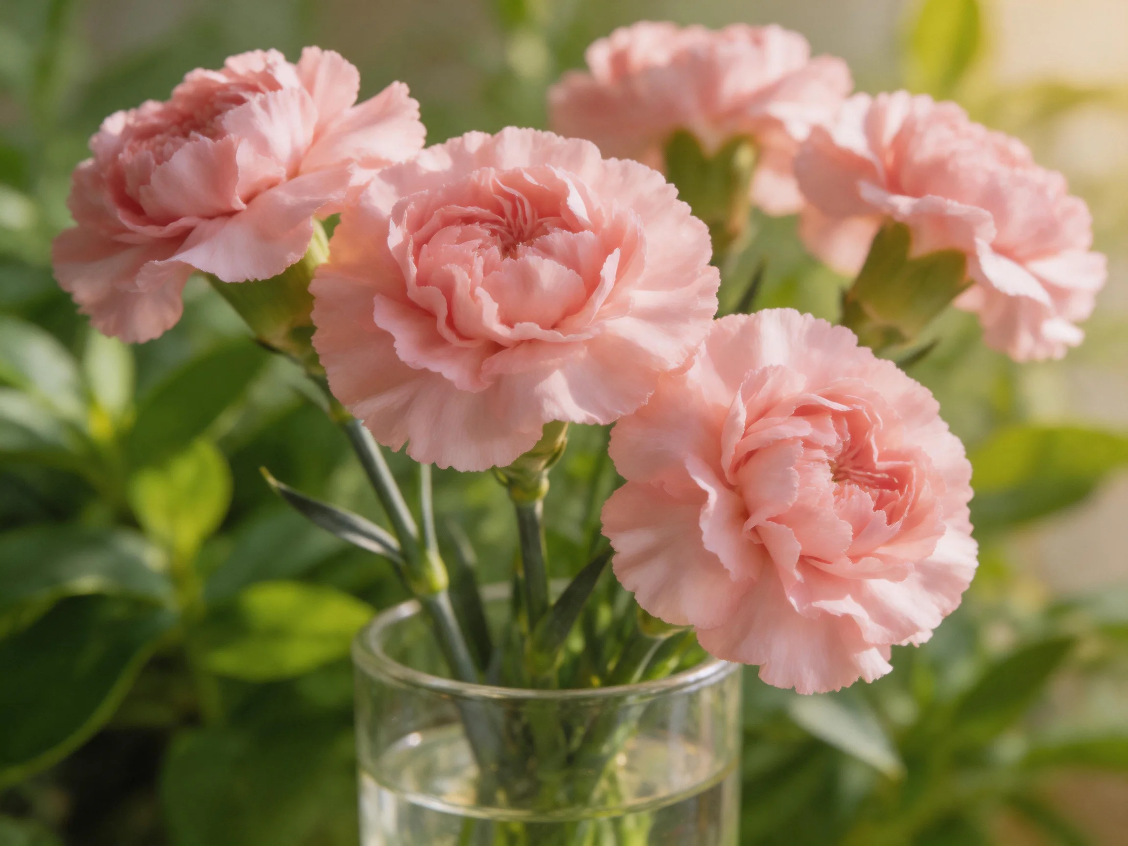 Five soft pink carnations arranged in a clear glass vase