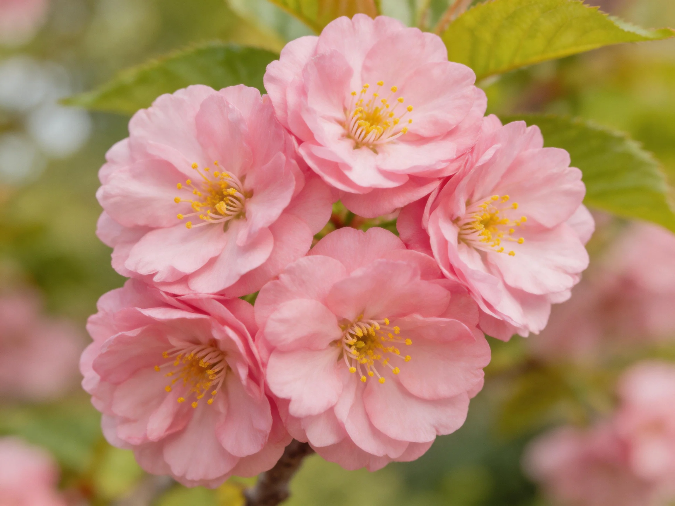 Five soft pink cherry blossoms clustered near green leaves