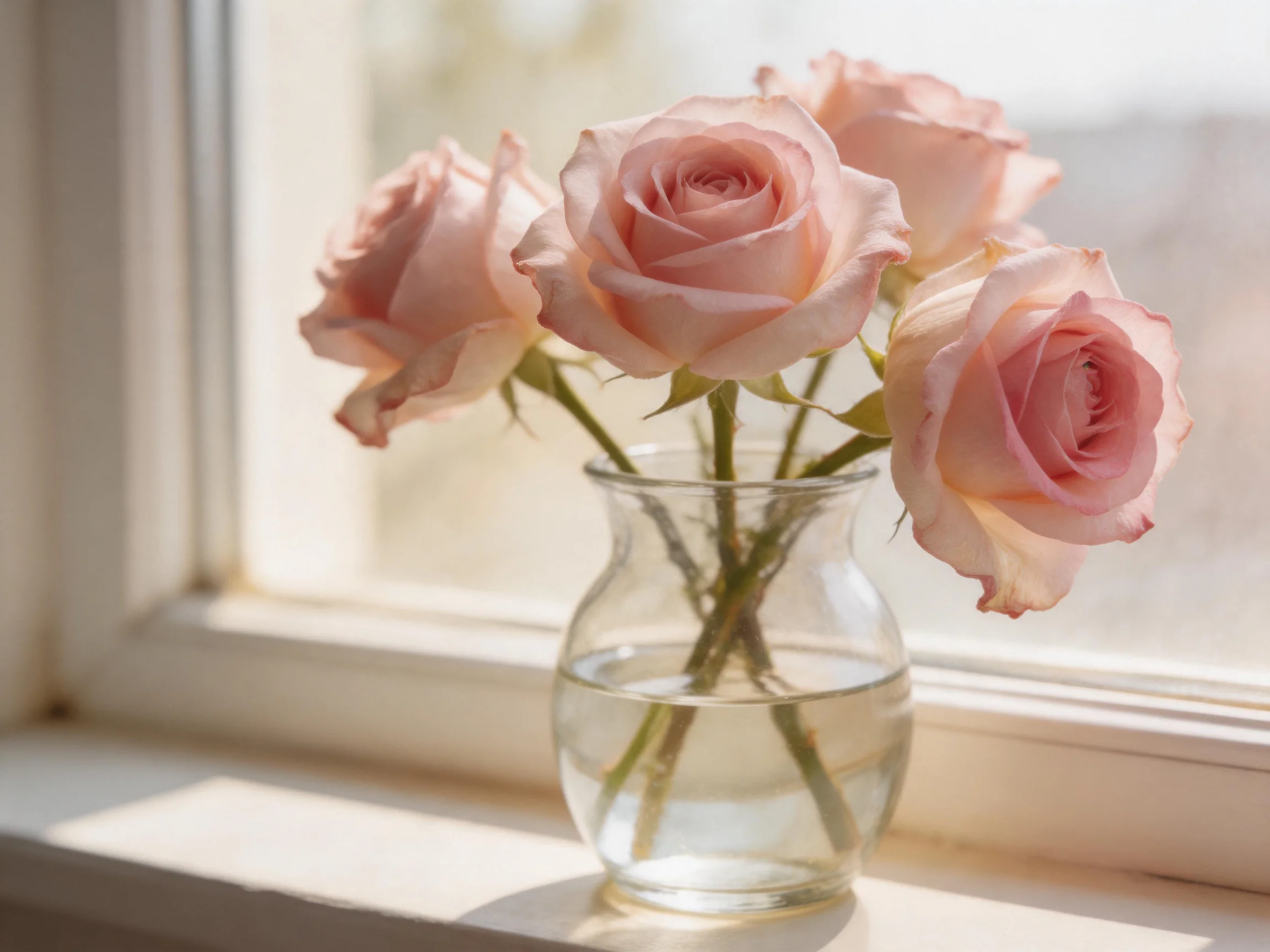 Five soft pink roses arranged in a clear glass vase near a bright window