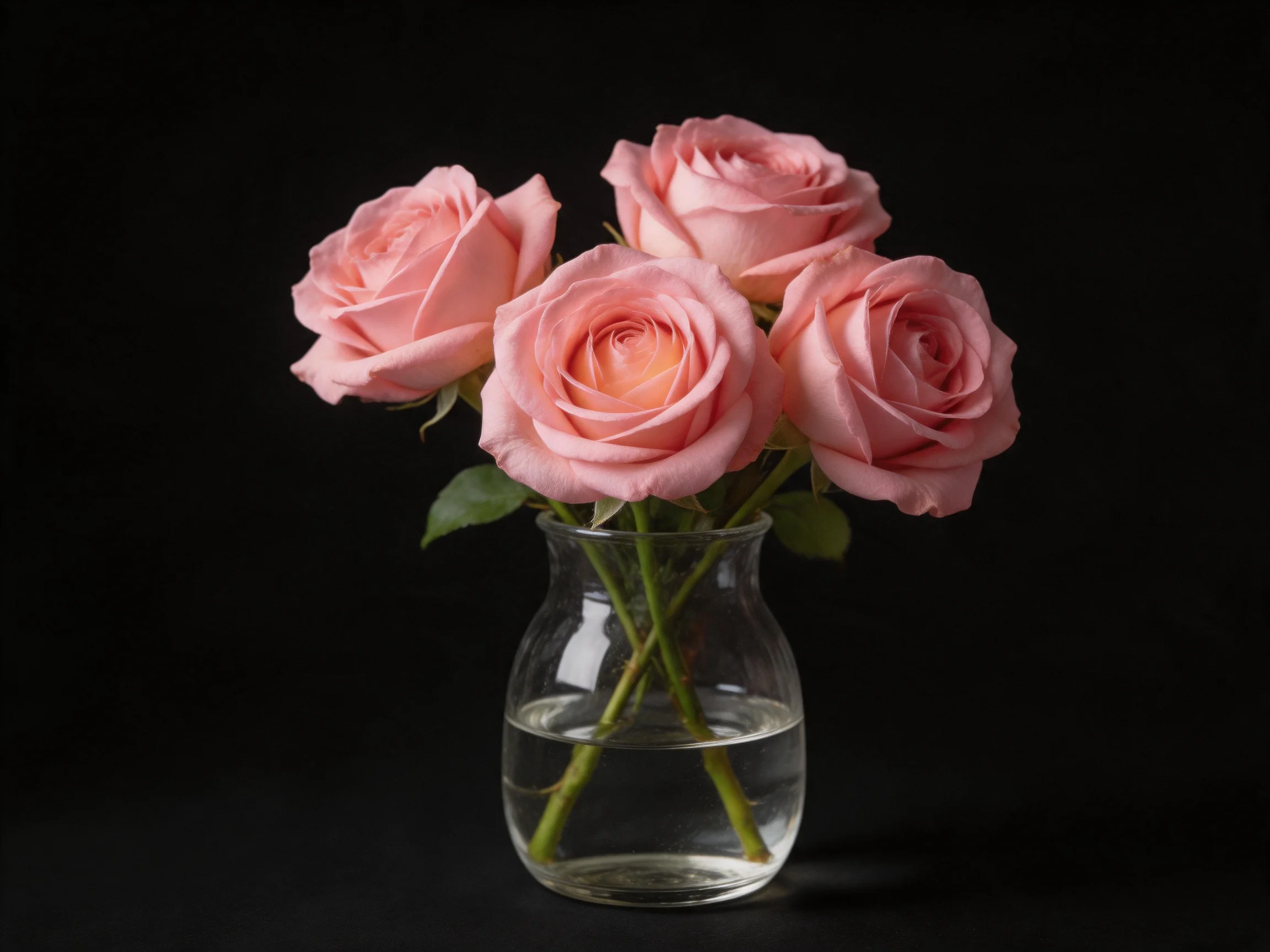 Five soft pink roses arranged in a clear glass vase with water