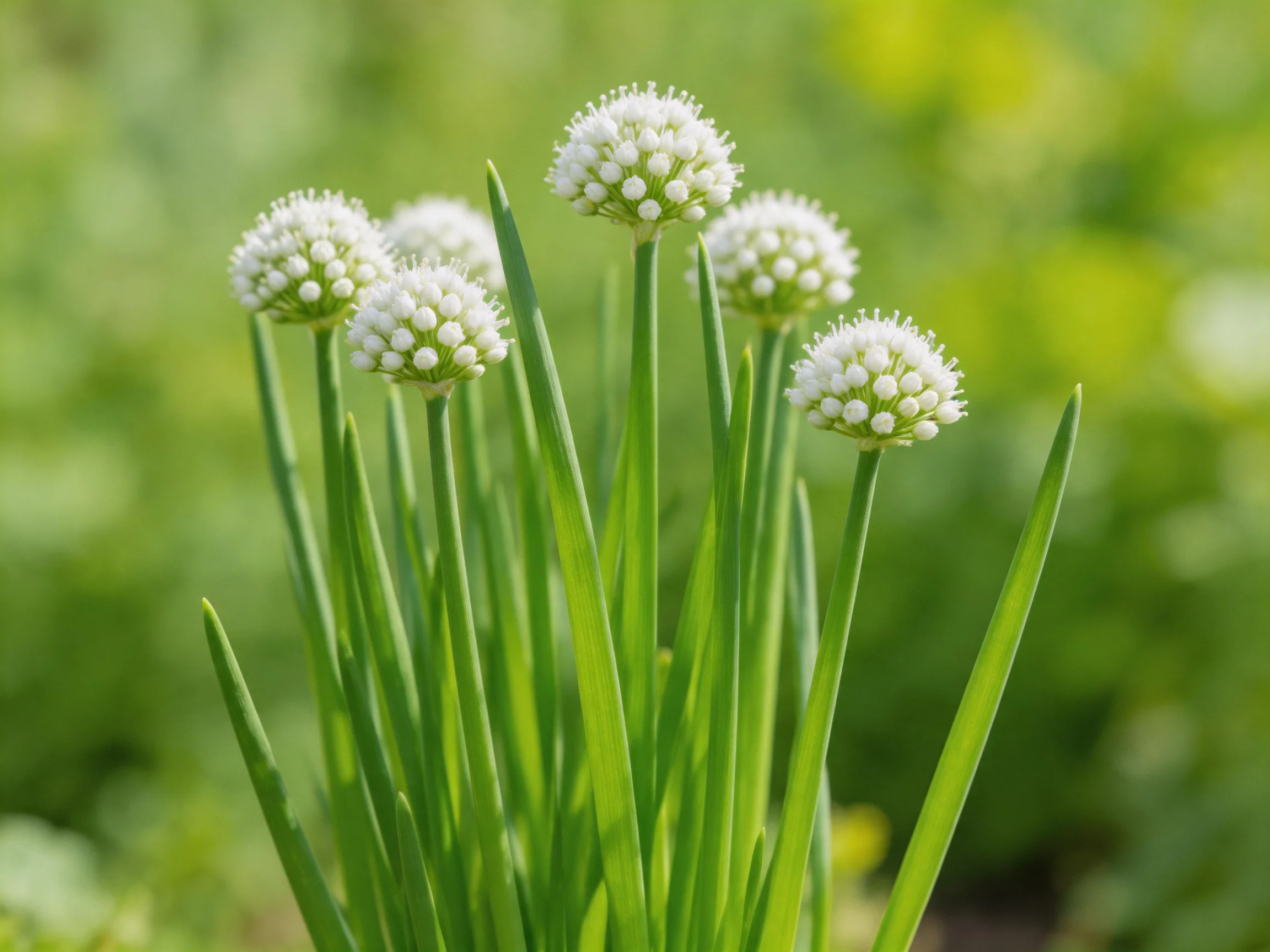 Five spherical white allium blooms with long green stems