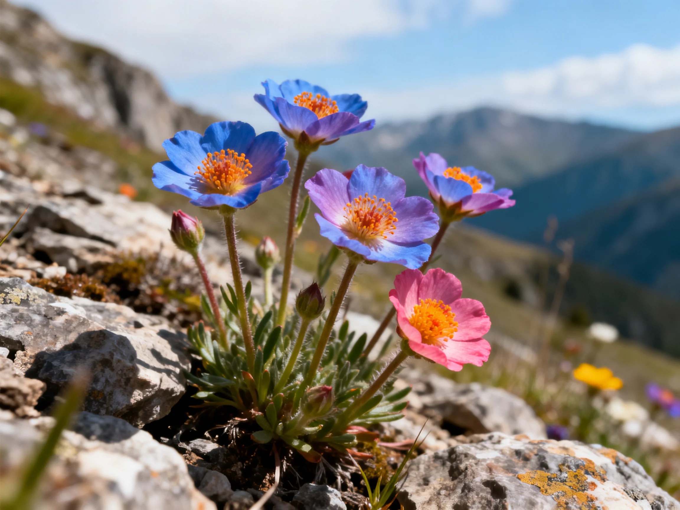 Five vibrant alpine wildflowers bloom among rocky slopes with mountain backdrop