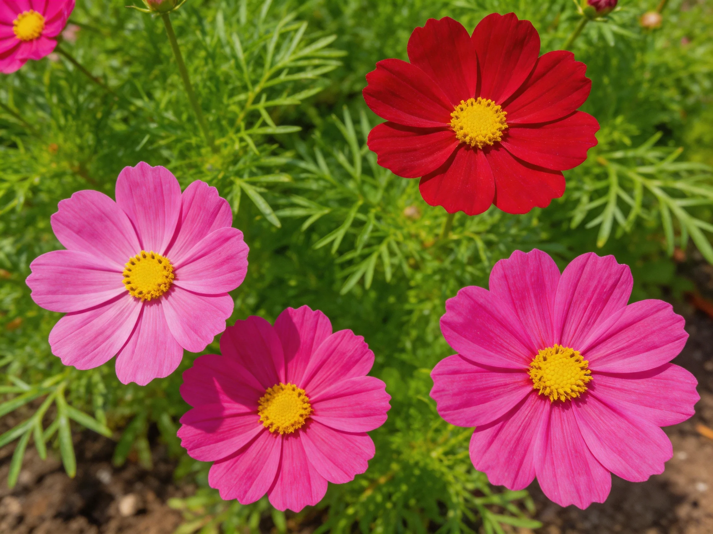 Five vibrant cosmos blooms with red and pink hues amid lush greenery