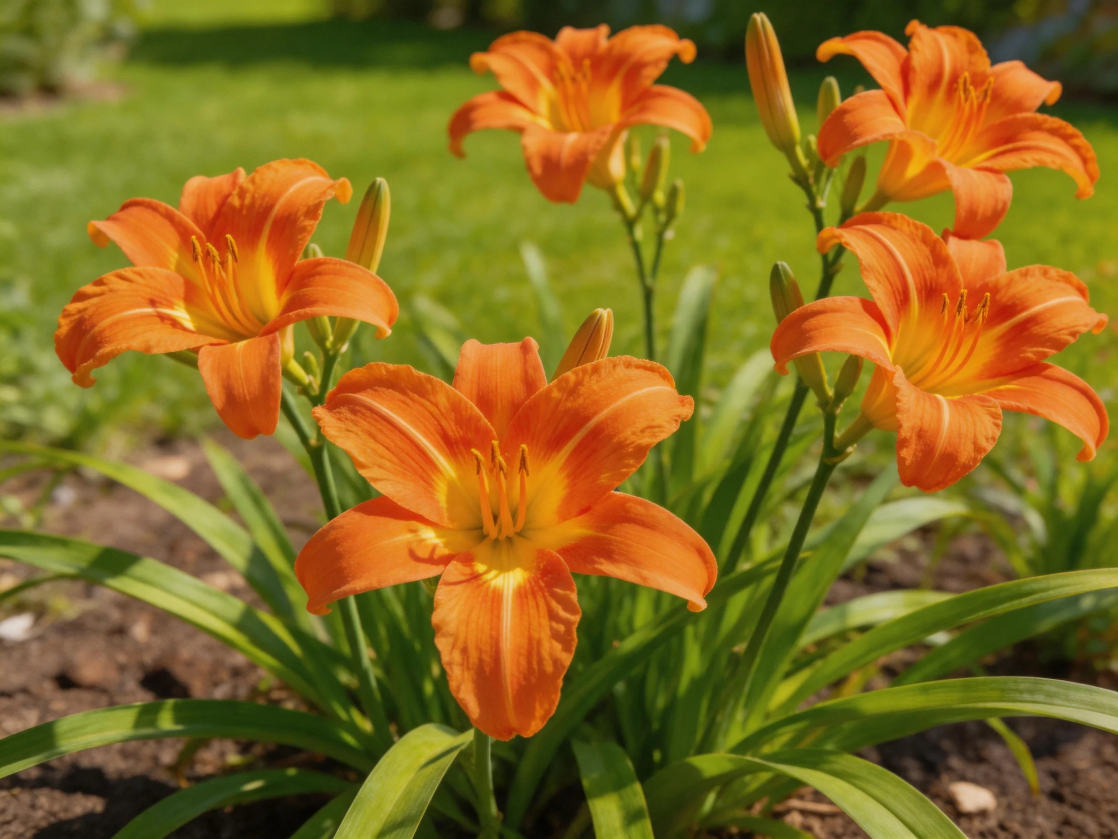 Five vibrant orange daylilies bloom among lush green grass