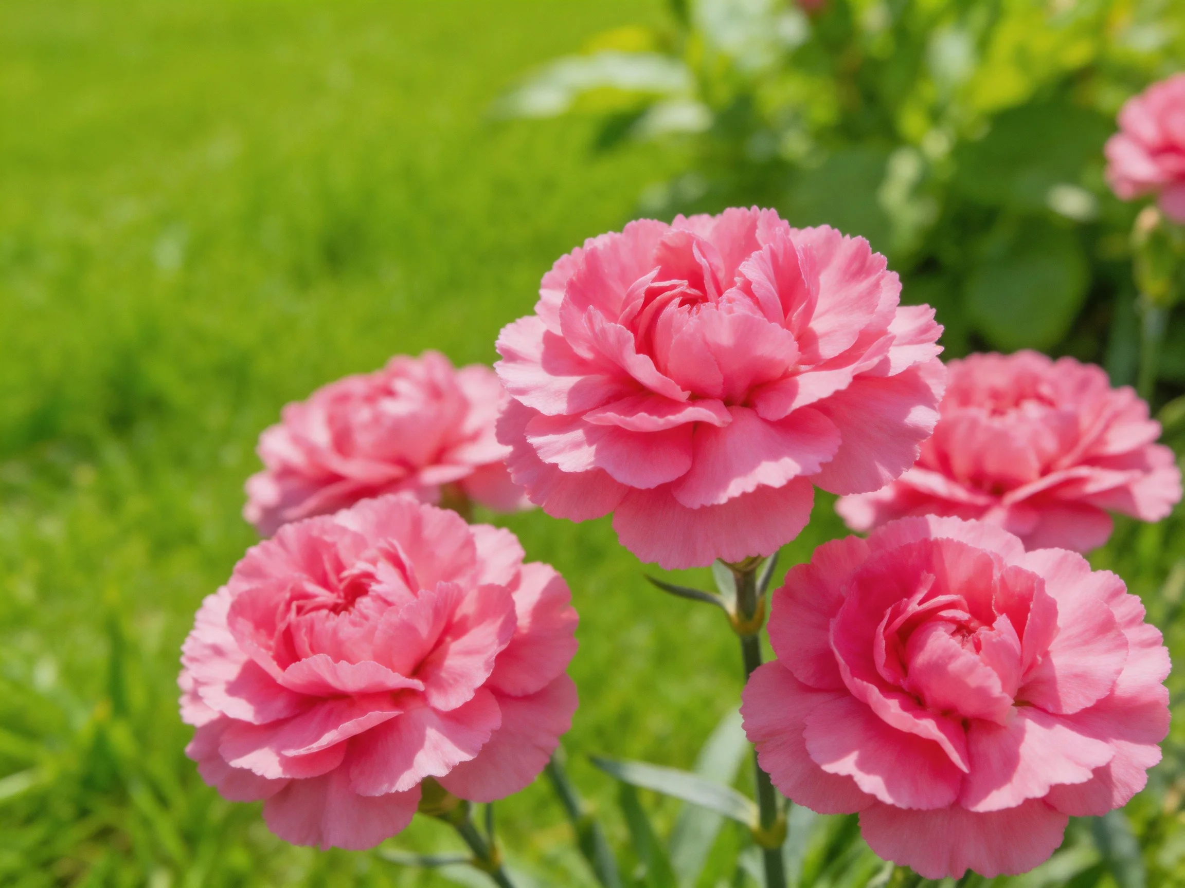 Five vibrant pink carnations bloom amid lush green grass