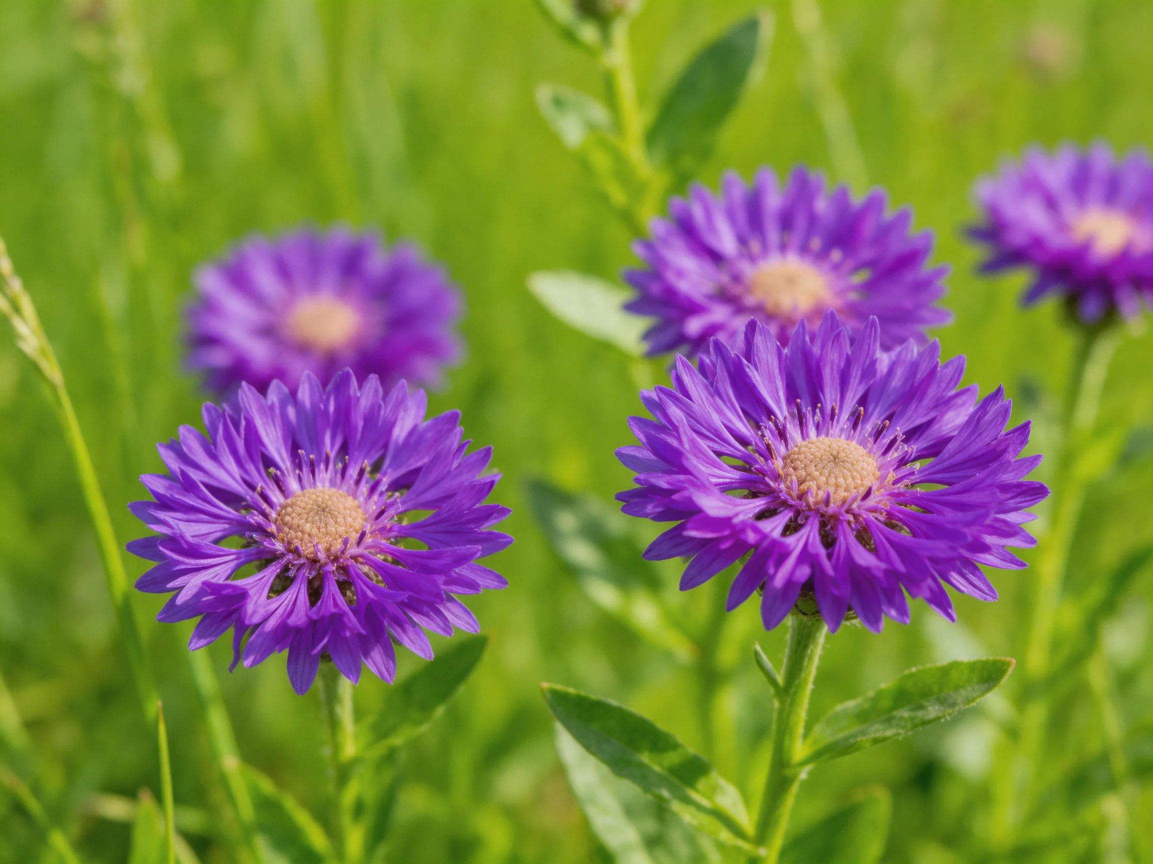 Five vibrant purple aster flowers bloom among lush green foliage.