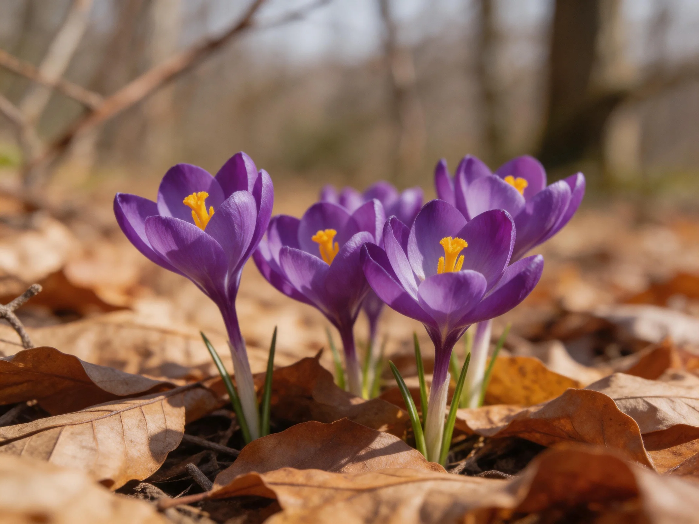 Five vibrant purple crocus flowers bloom among brown fallen leaves