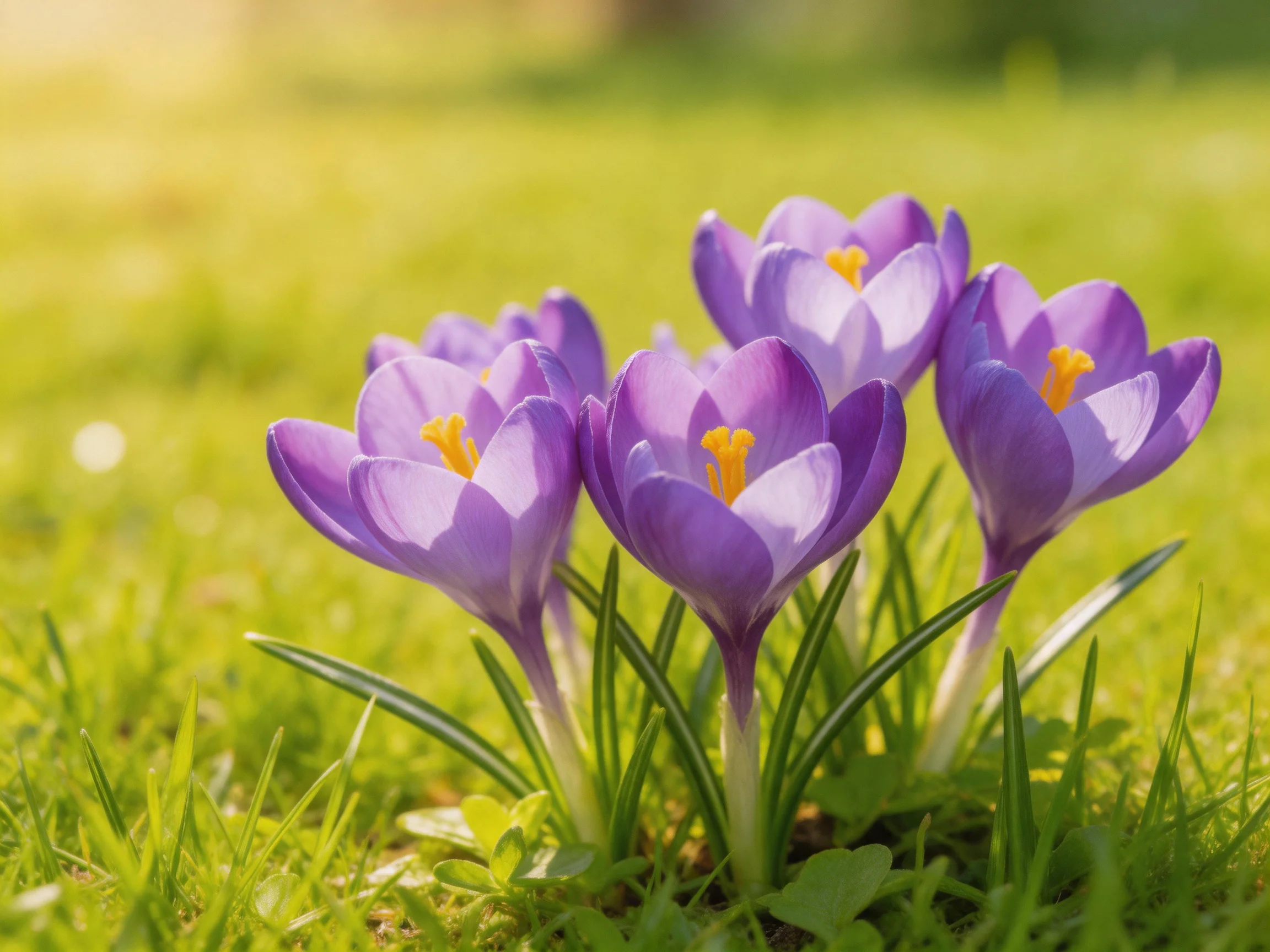 Five vibrant purple crocus flowers bloom among lush green grass