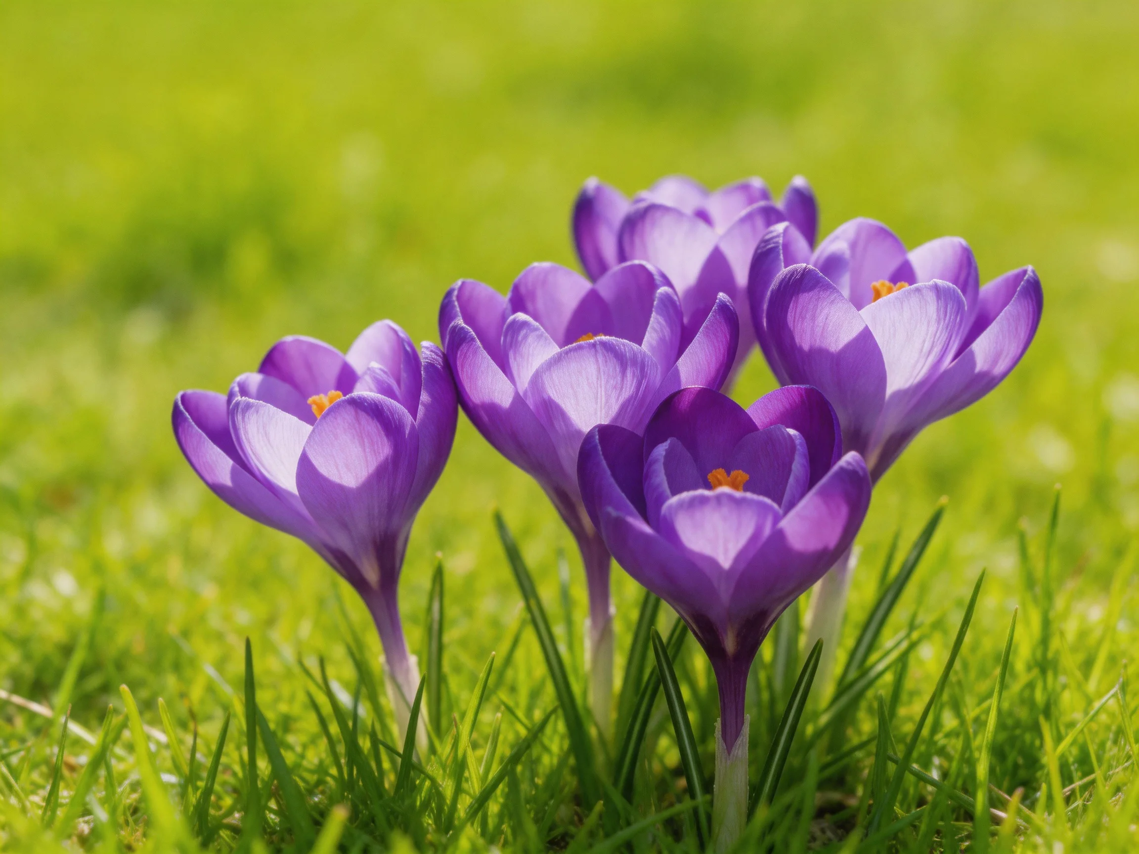 Five vibrant purple crocus flowers bloom among lush green grass