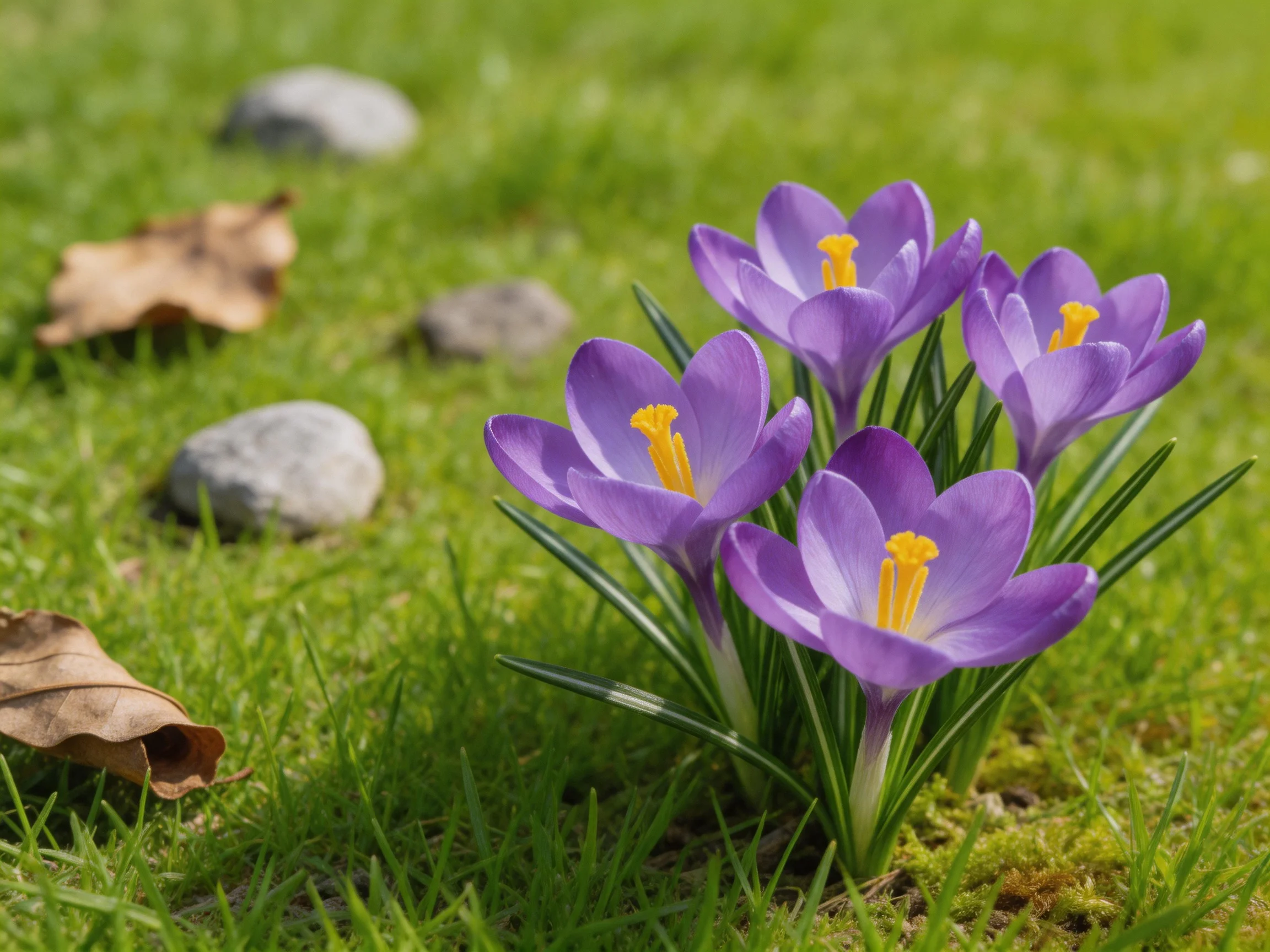 Five vibrant purple crocus flowers bloom among lush green grass
