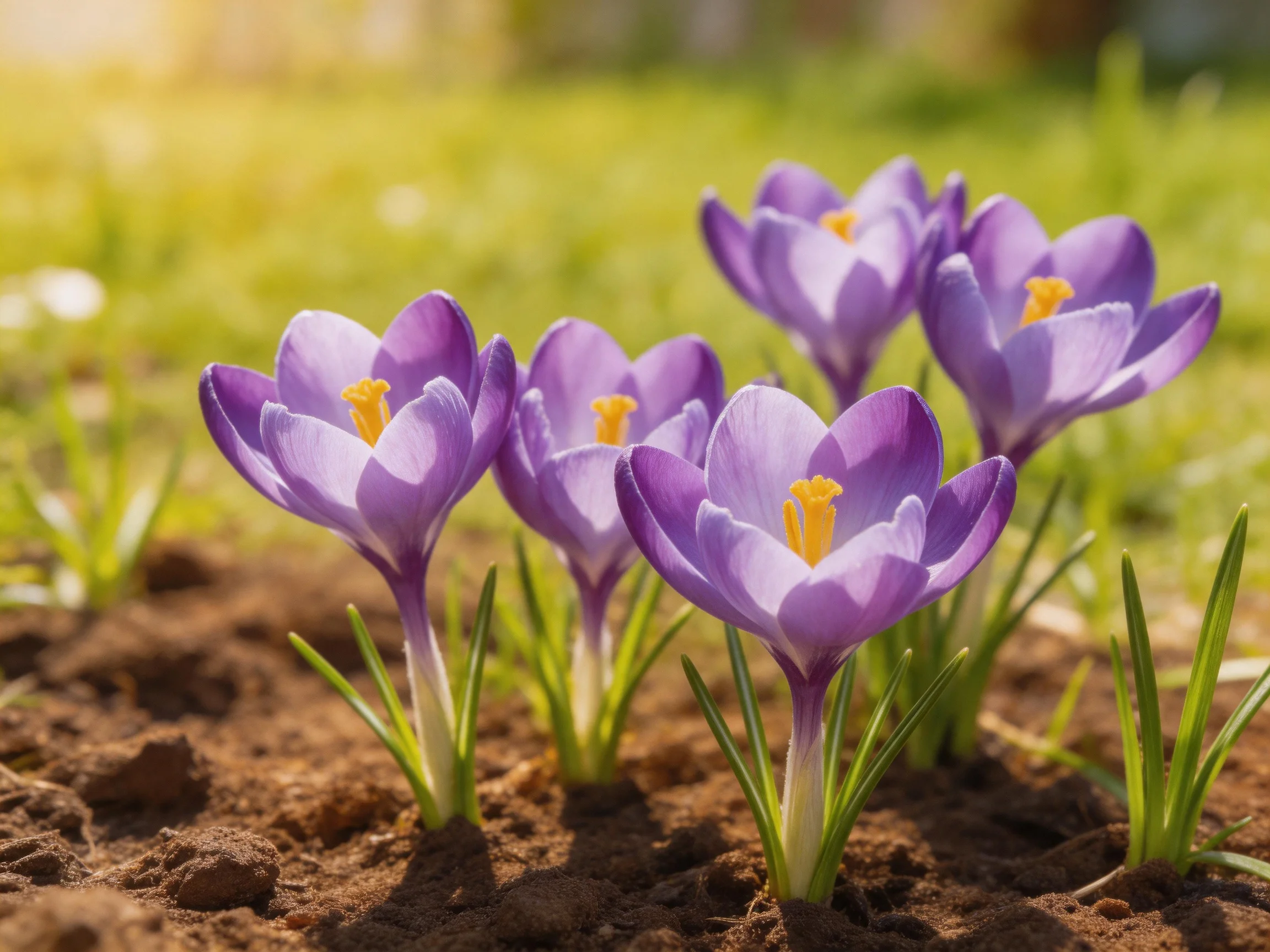 Five vibrant purple crocus flowers bloom near lush green grass