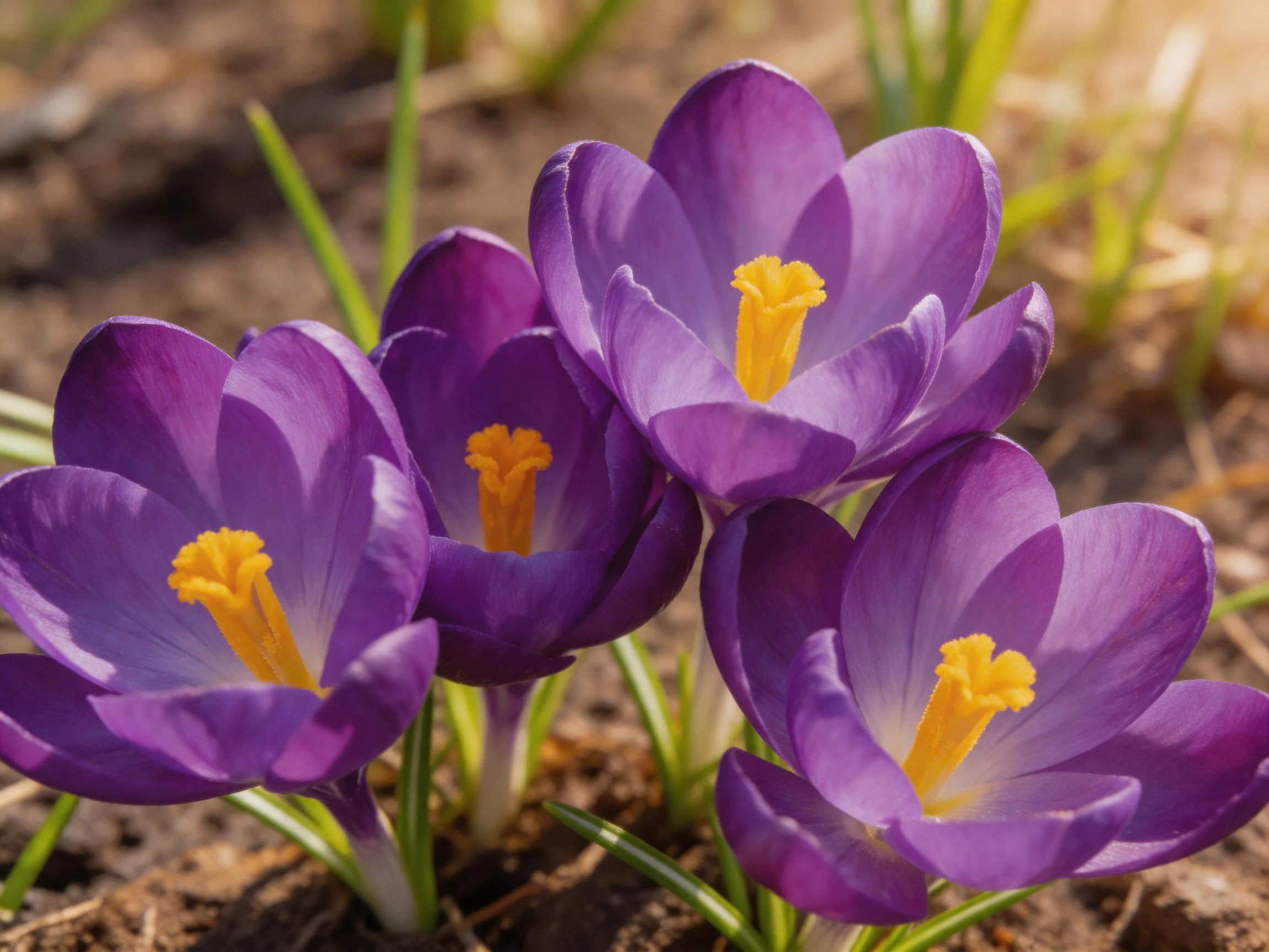 Five vibrant purple crocuses bloom near green stems