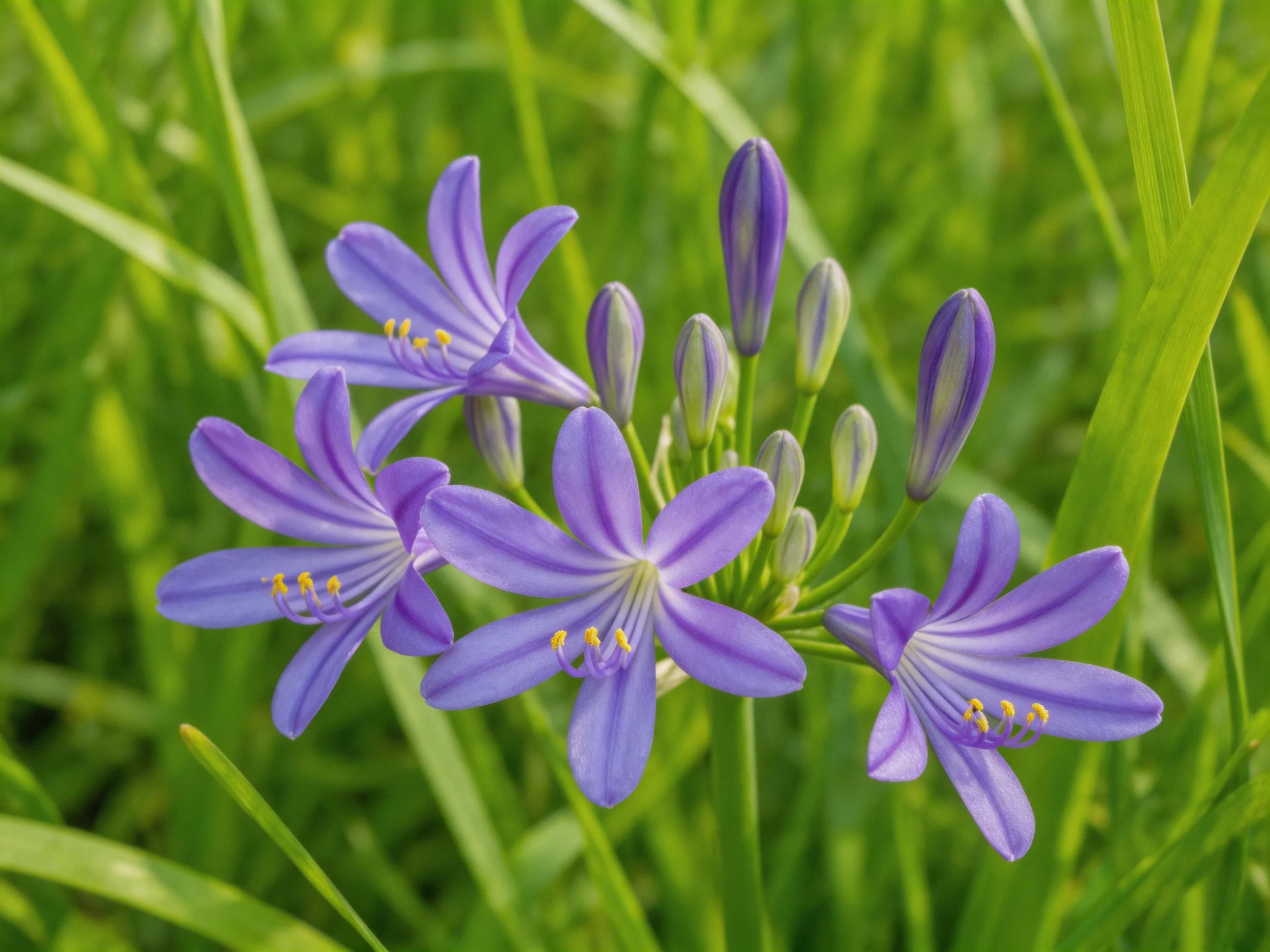 Five vibrant purple flowers bloom amid lush green grass