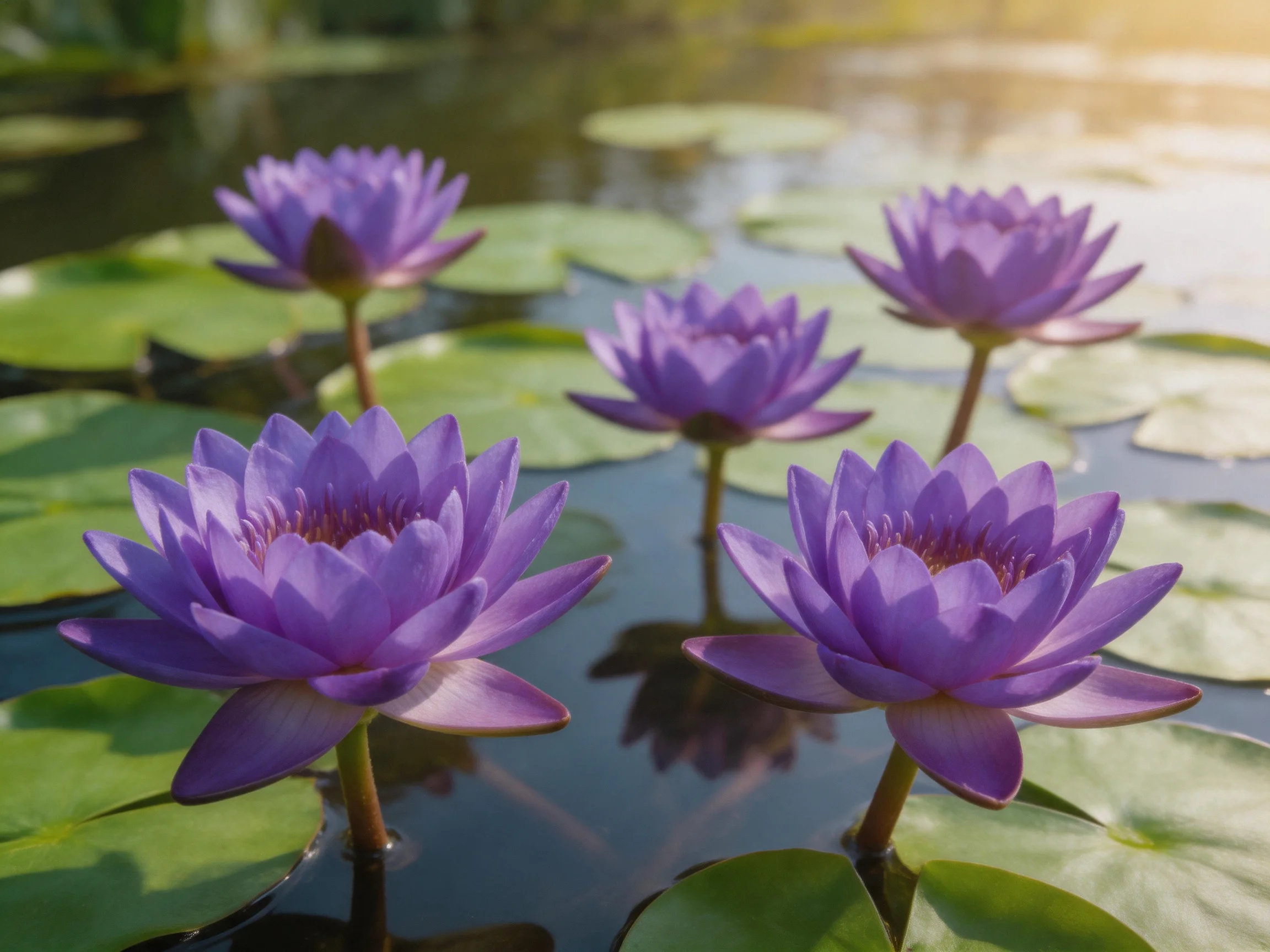 Five vibrant purple water lilies float among green lily pads in a tranquil pond