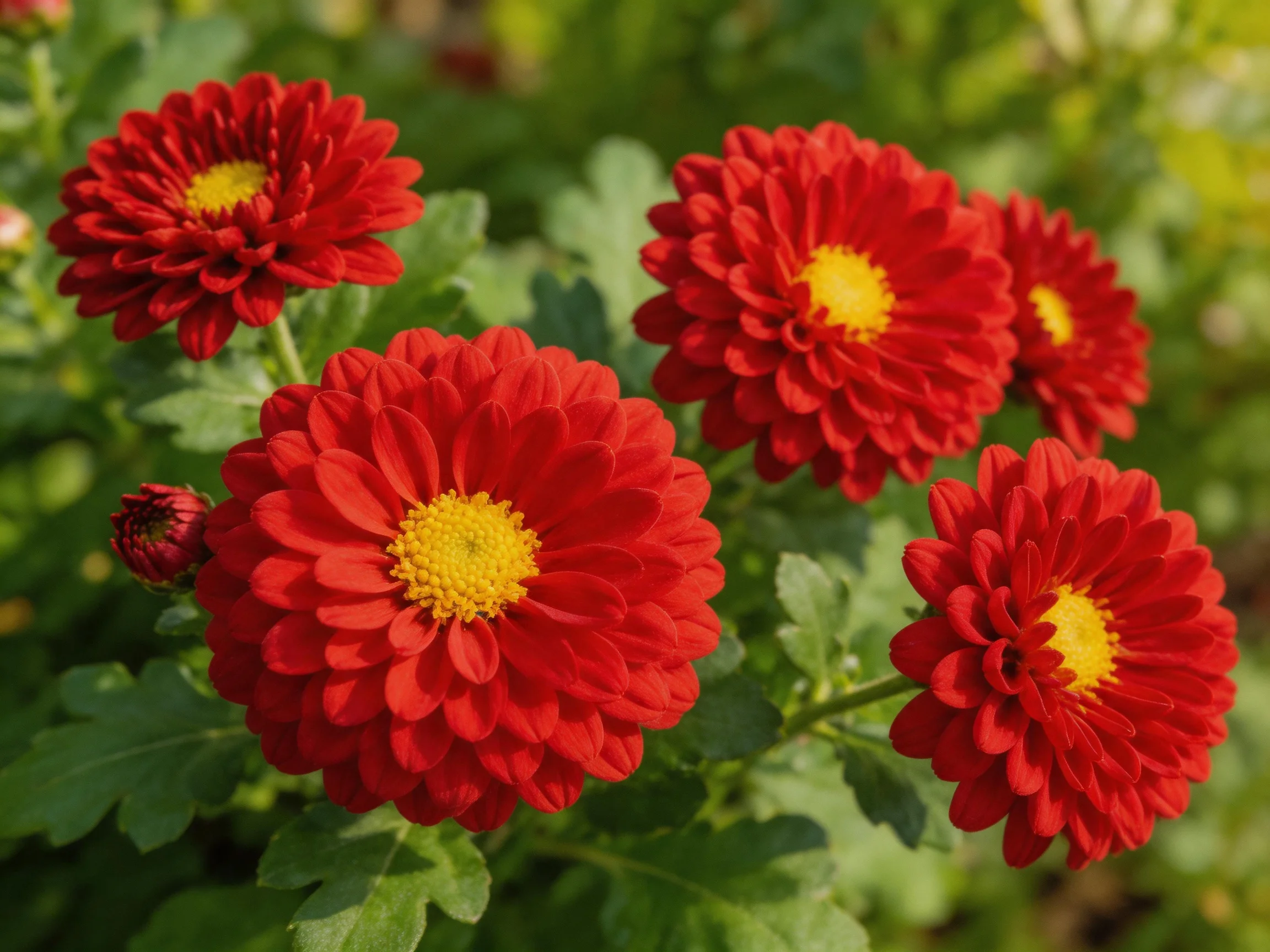 Five vibrant red chrysanthemums with bright yellow centers