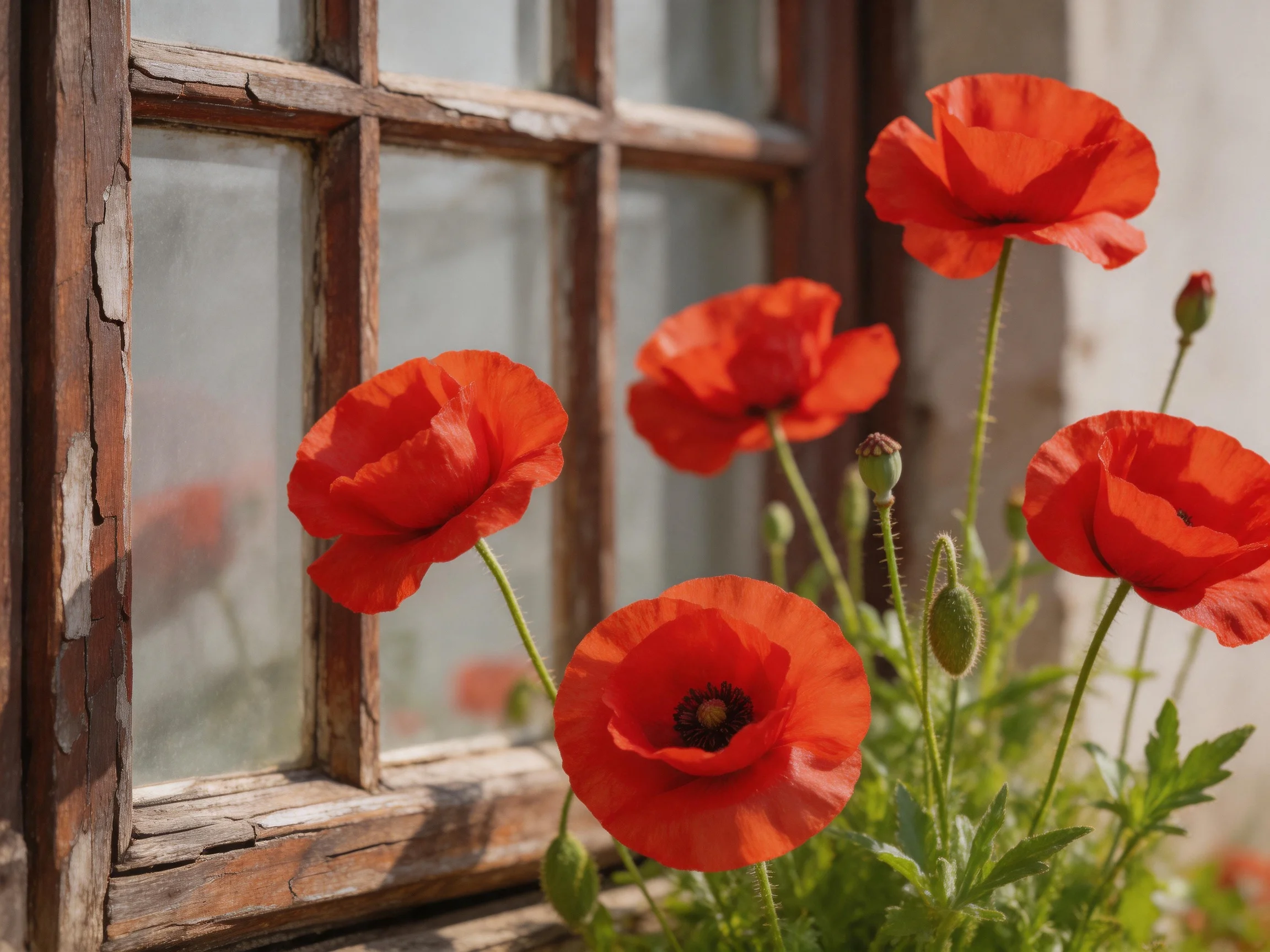 Five vibrant red poppies beside an aged wooden window frame