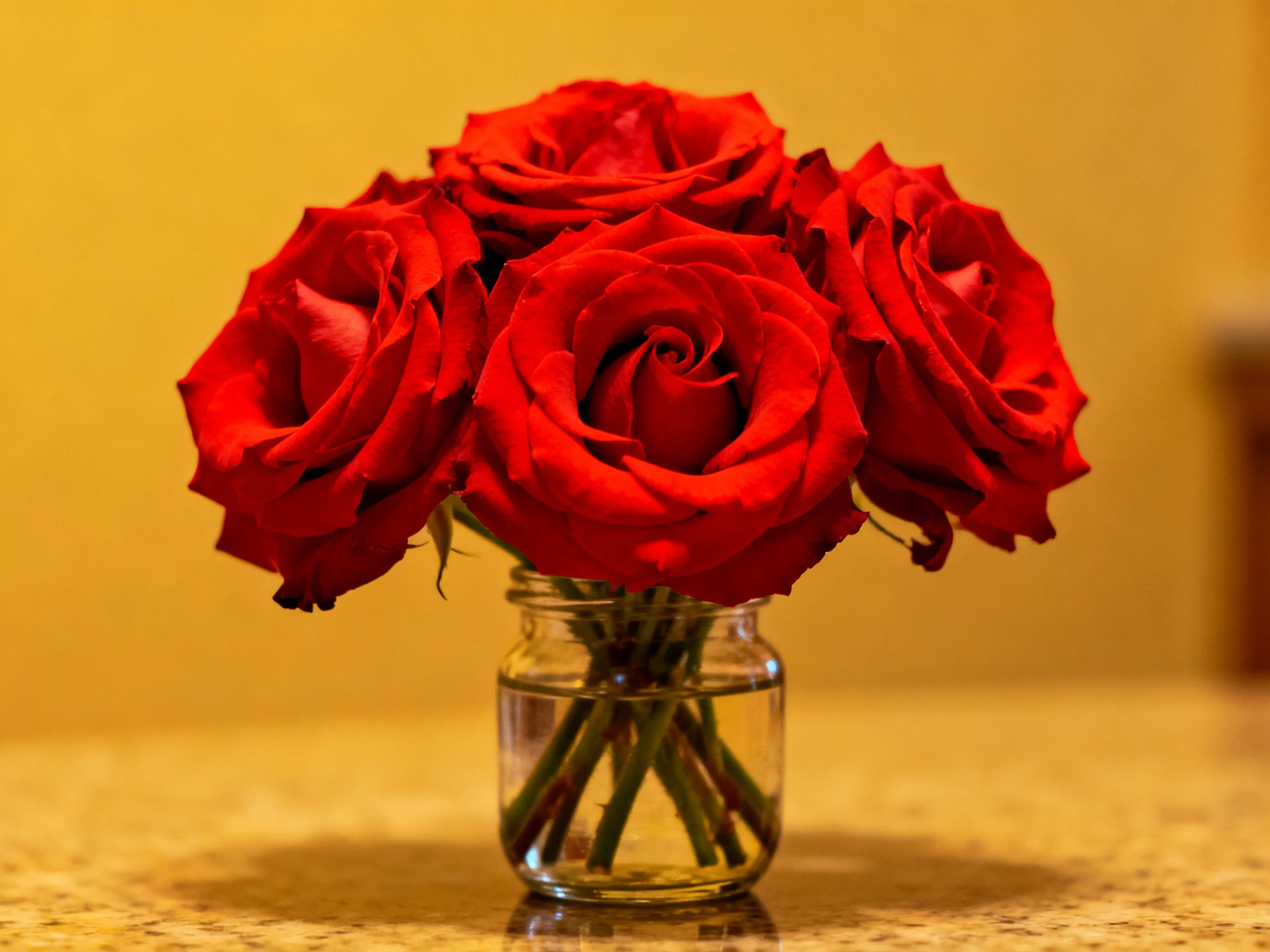 Five vibrant red roses arranged in a small glass vase