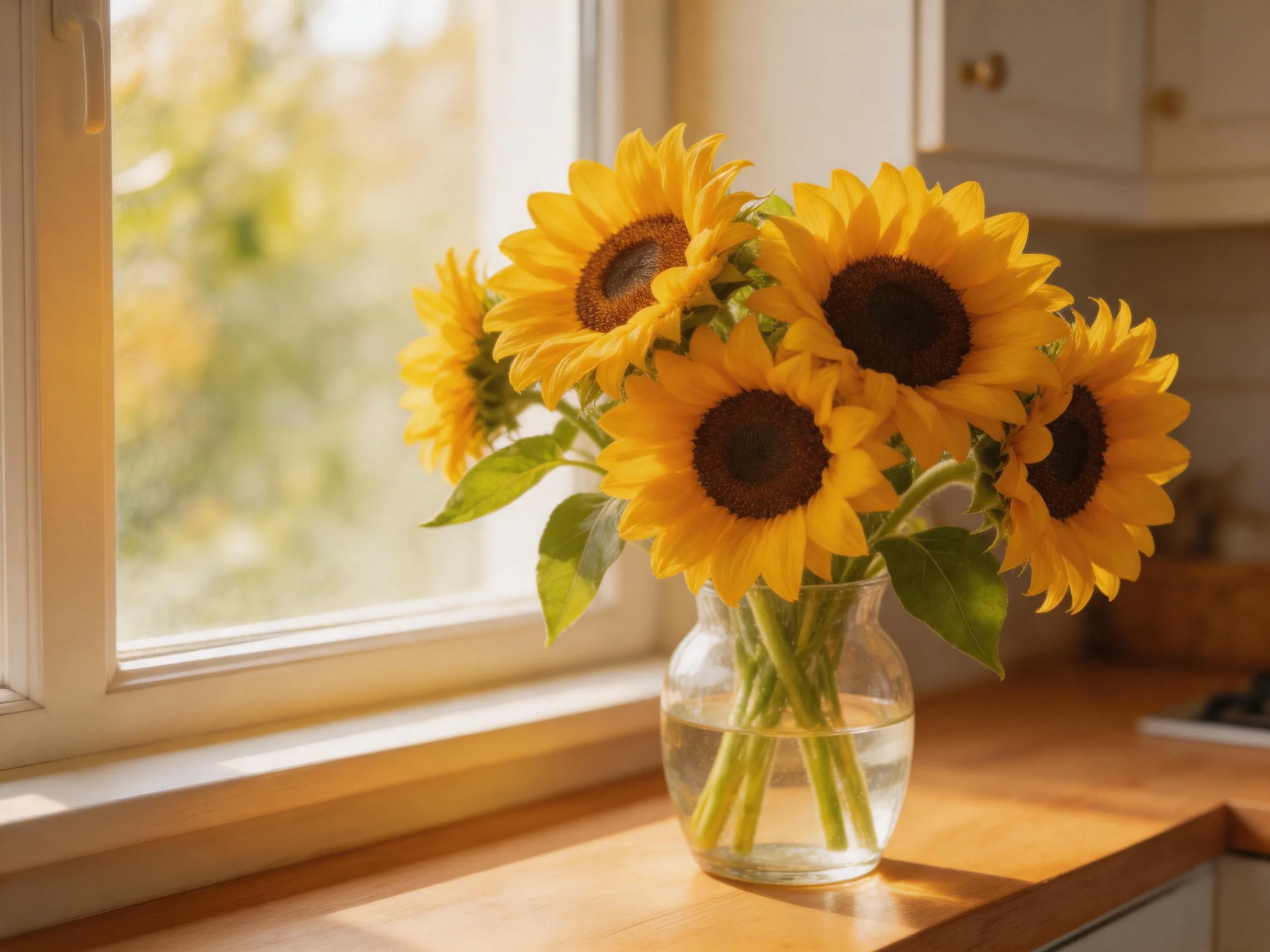 Five vibrant sunflowers in a glass vase by a sunlit kitchen window