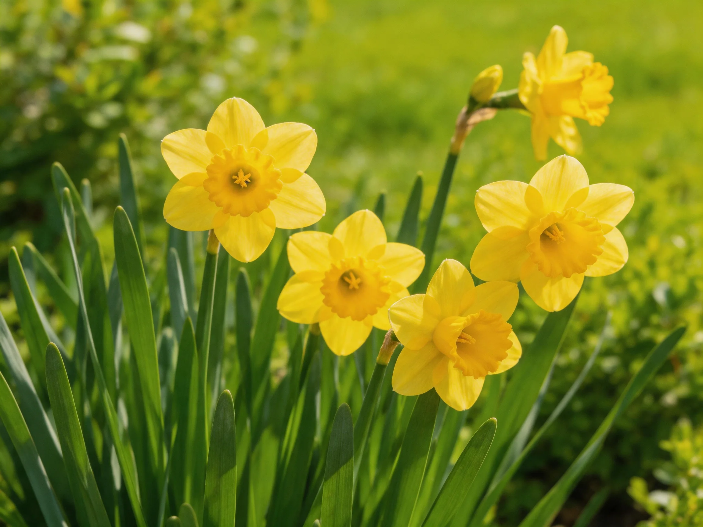 Five vibrant yellow daffodils bloom amid lush green foliage