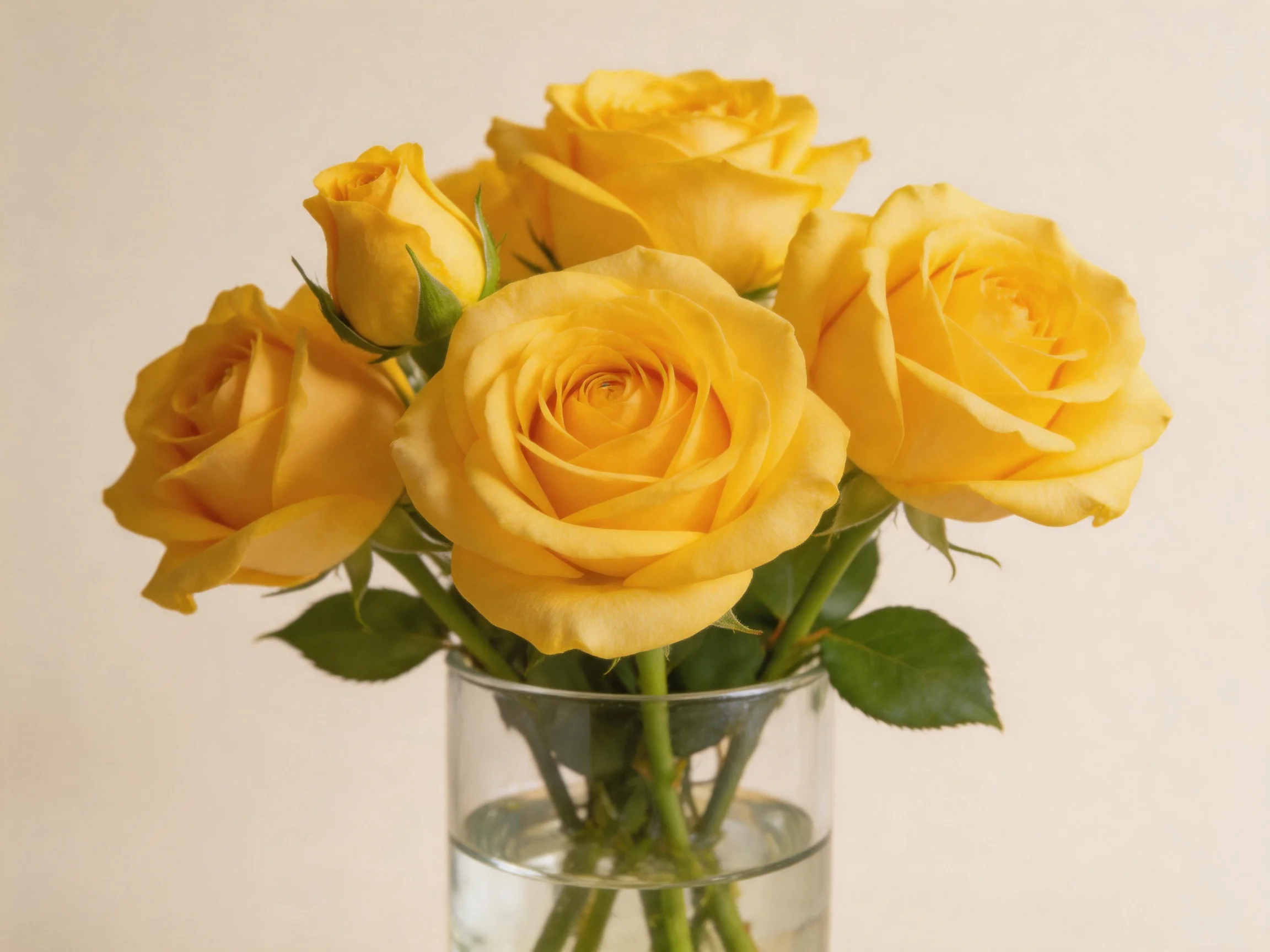 Five vibrant yellow roses arranged in a clear glass vase