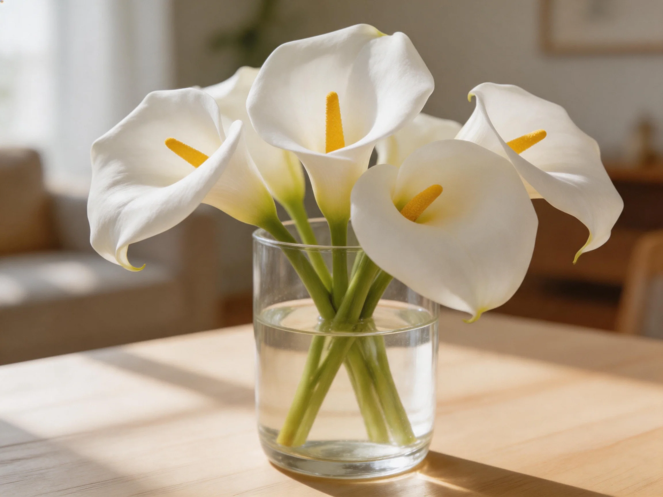 Five white calla lilies in a clear glass vase on a wooden table
