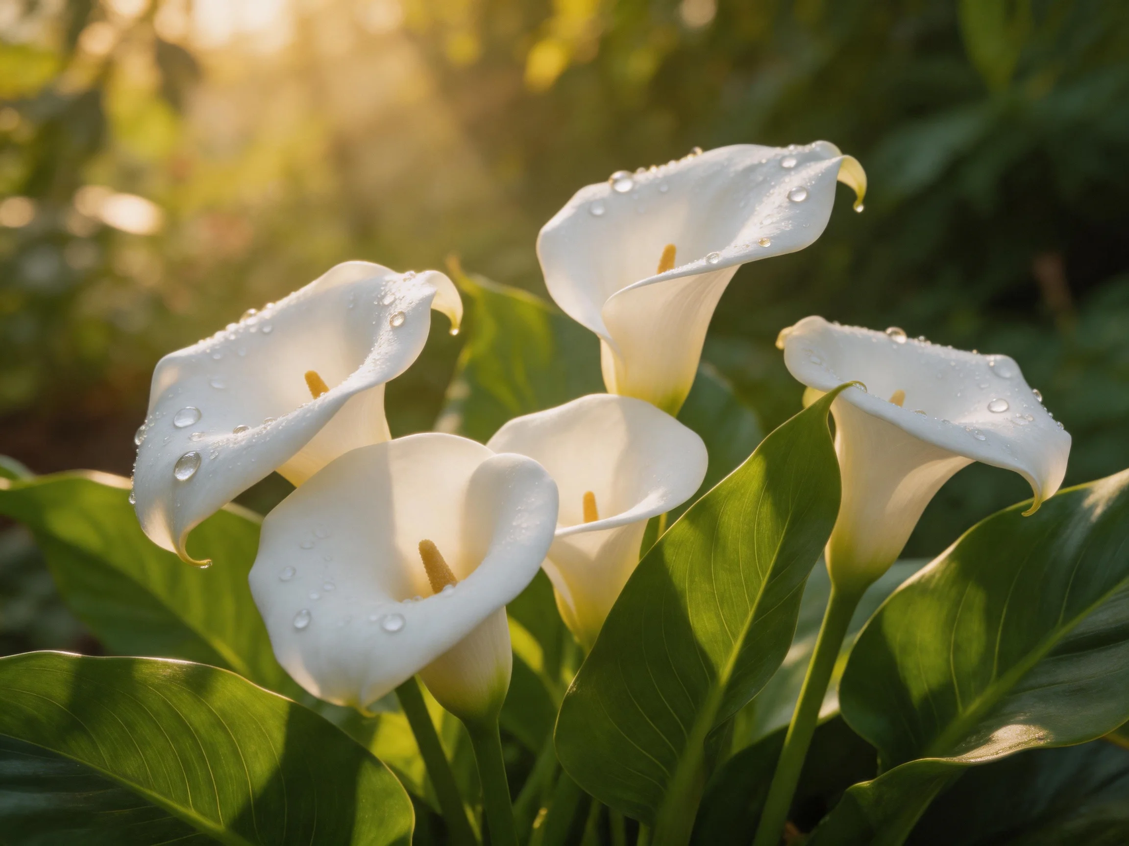 Five white calla lilies with dew drops in green surroundings