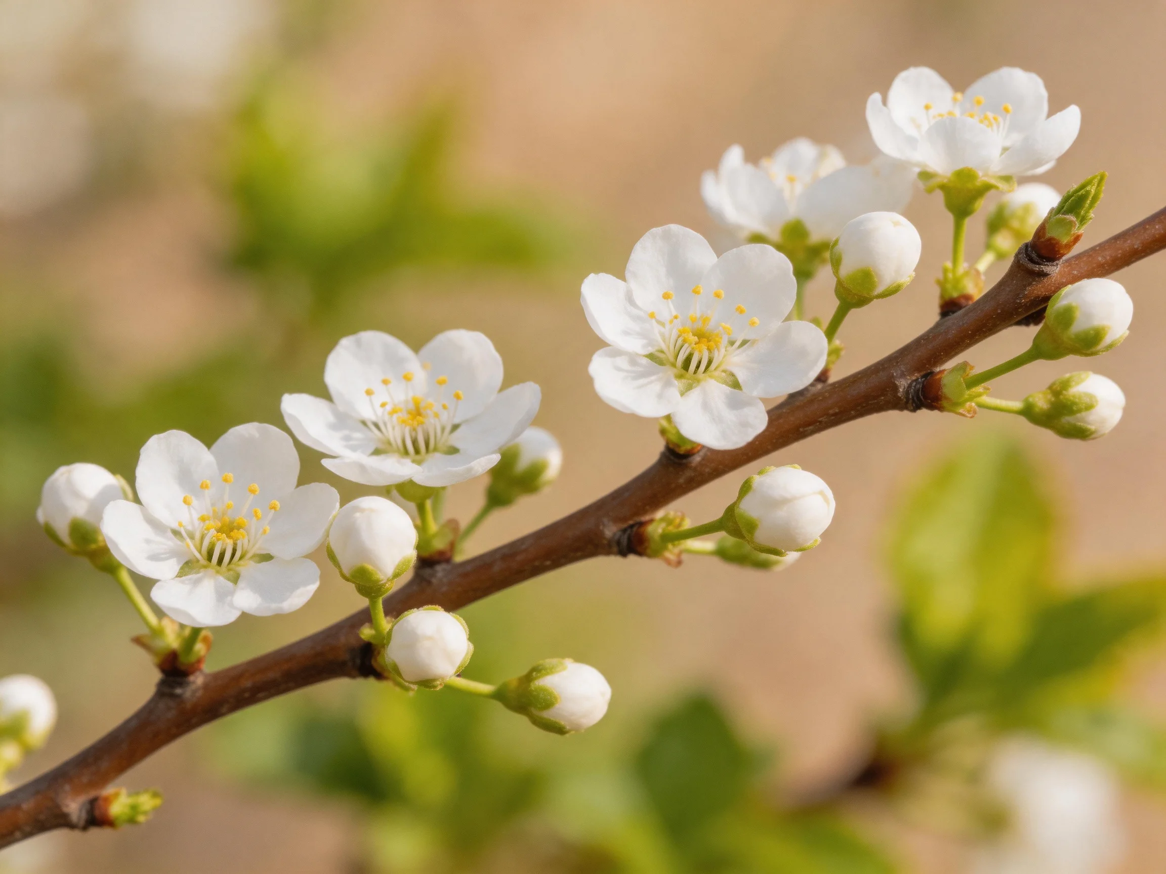 Five white cherry blossoms bloom on a brown branch with green buds