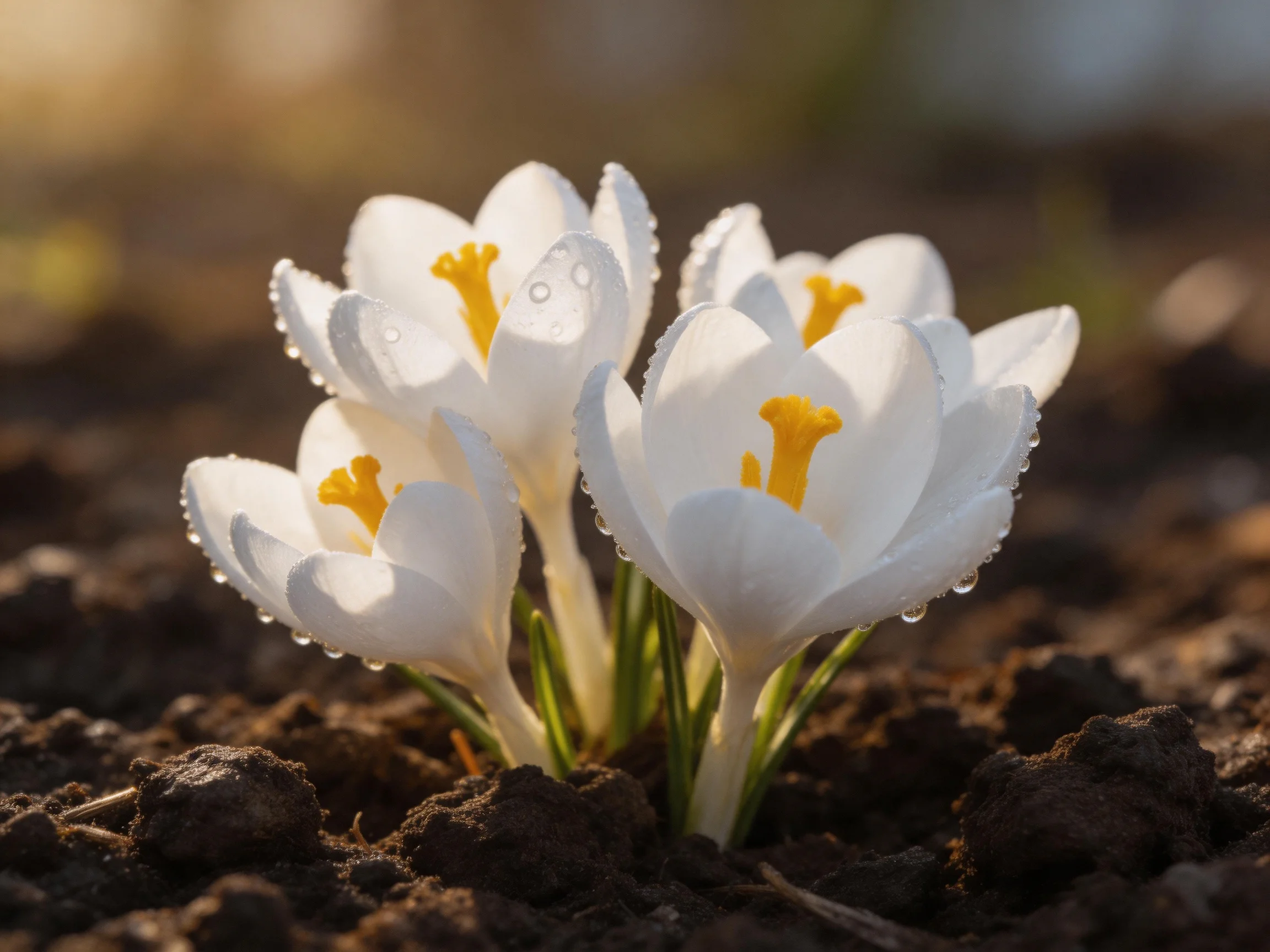Five white crocus blooms with dewdrops in dark soil