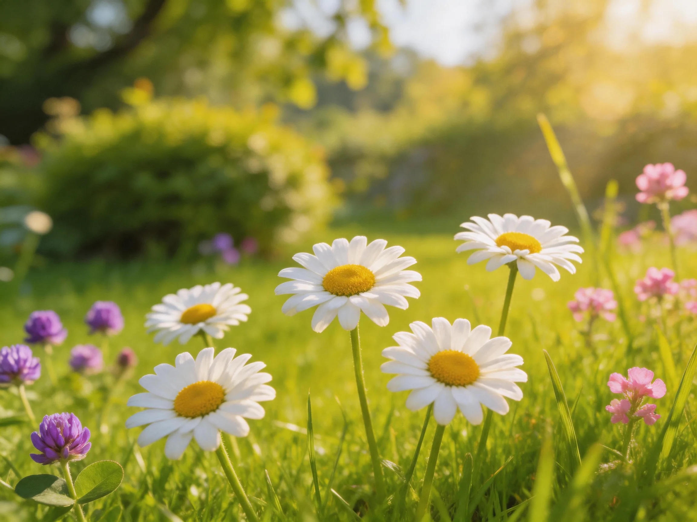 Five white daisies bloom among purple and pink flowers in a sunlit meadow