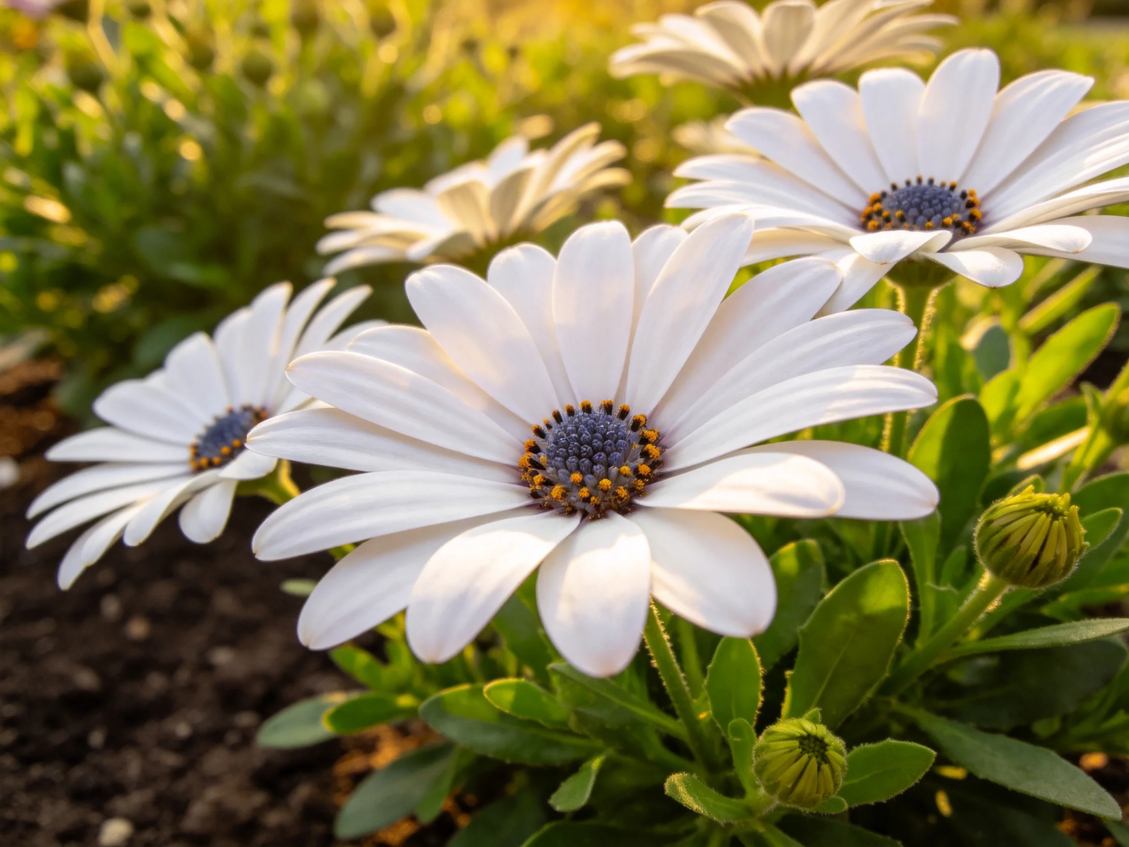 Five white daisies with blue centers amidst lush green foliage