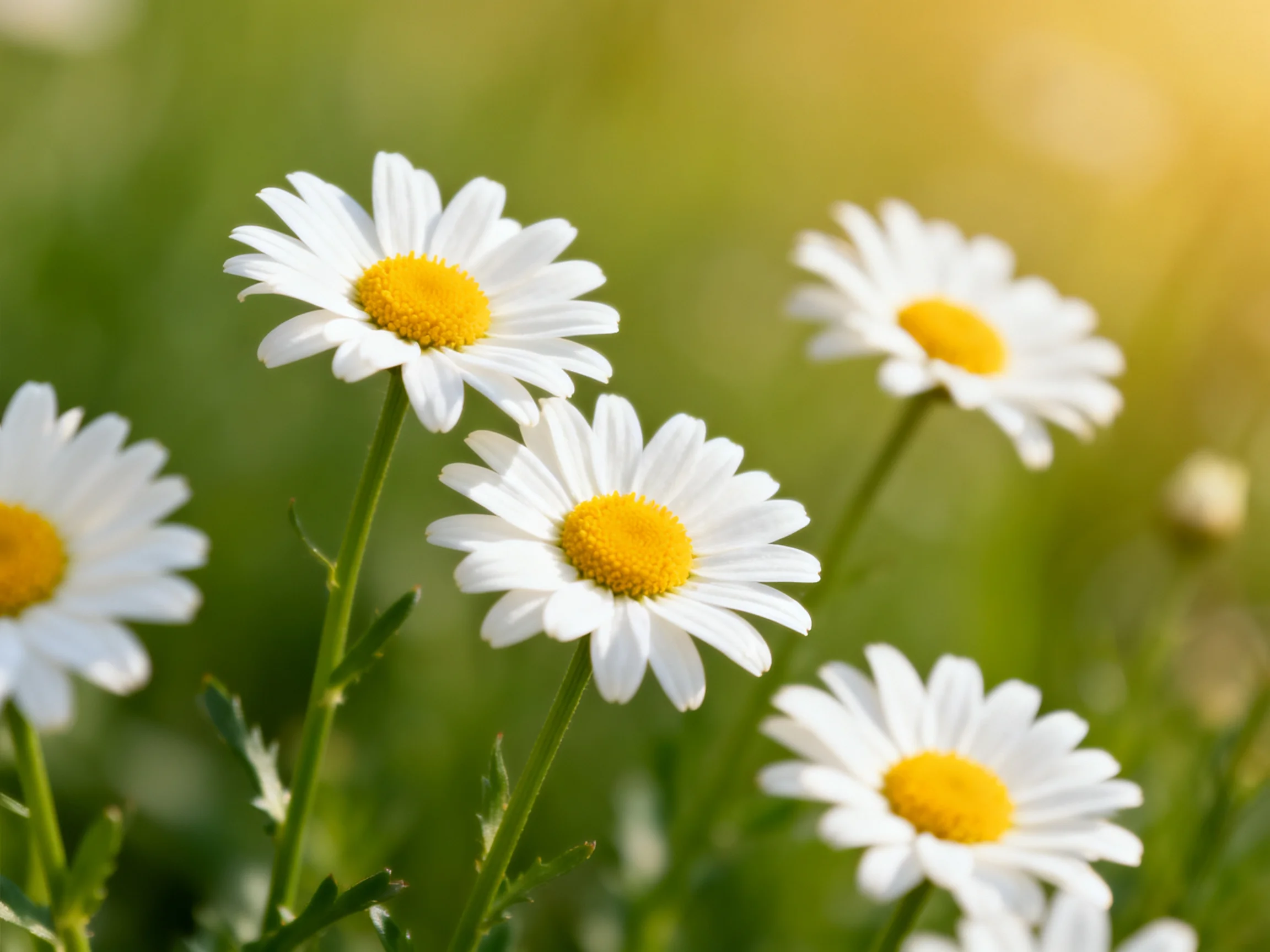 Five white daisies with bright yellow centers in a sunlit meadow